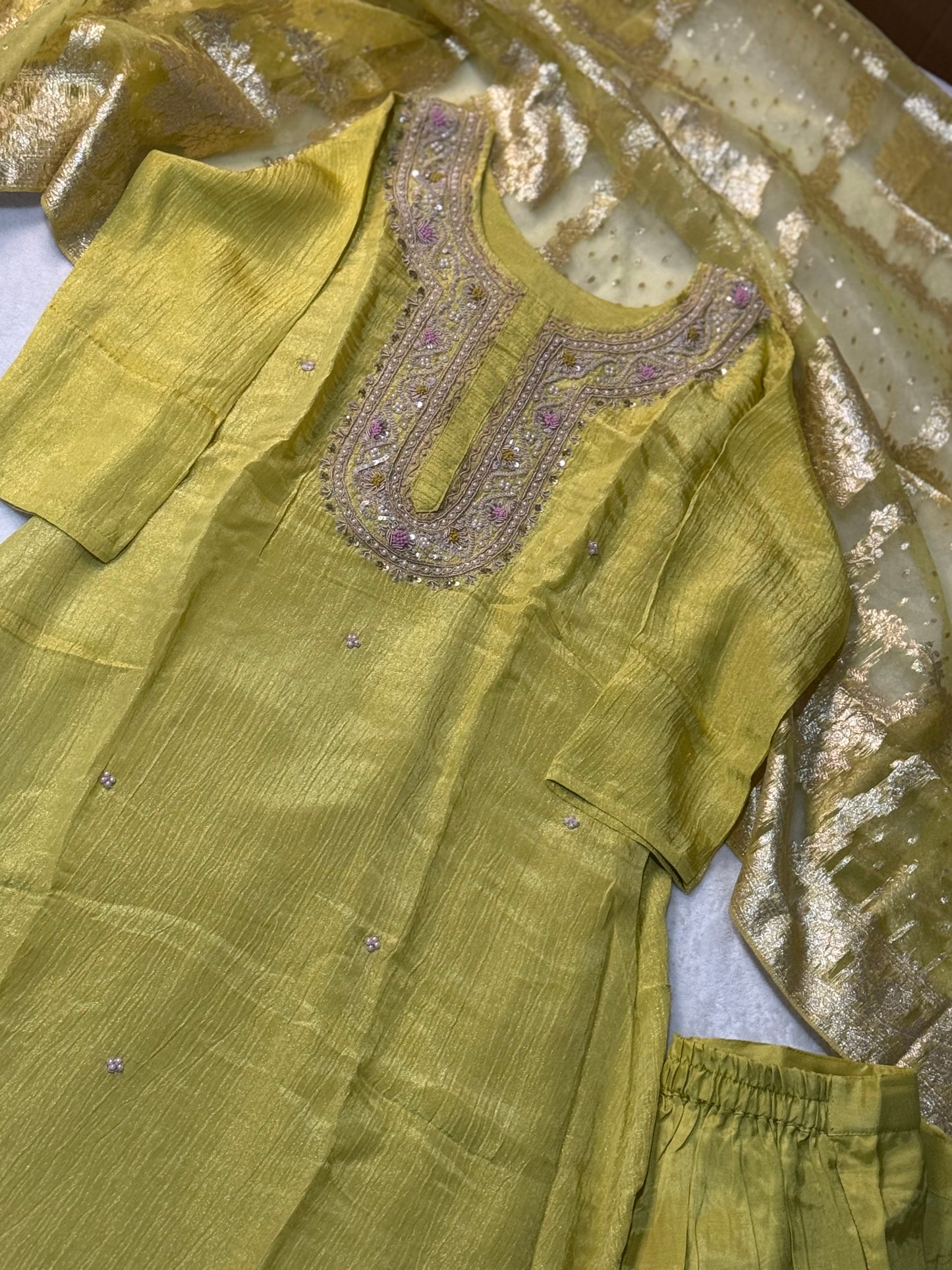 Beautiful yellow shade crush tissue kurti set with banaras dupatta