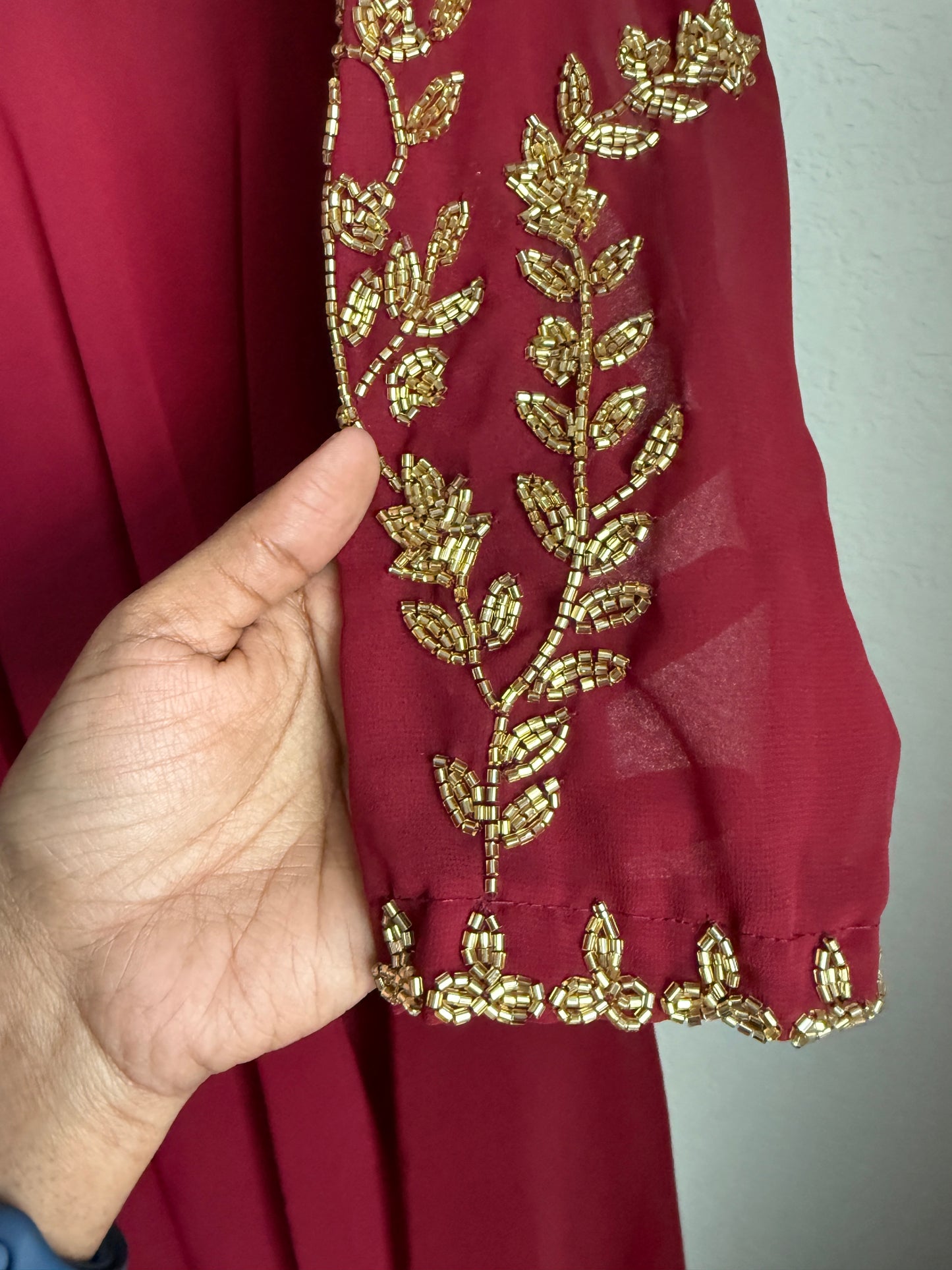 Maroon maggam work georgette heavy flare full sleeve anarkali tunic