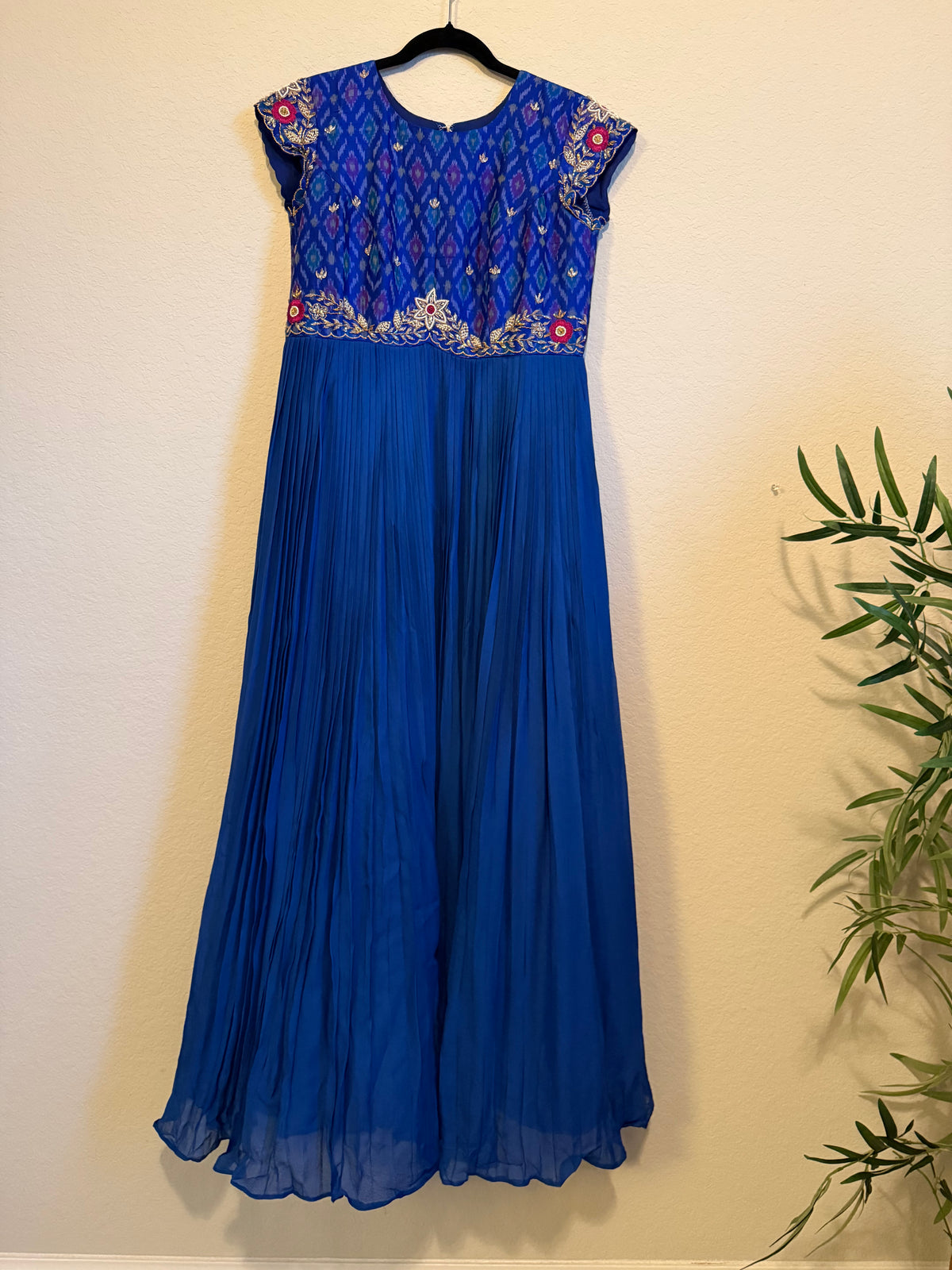 Blue Raw Silk Ikkath Maggam Work Designer Long Dress with Short Sleeve