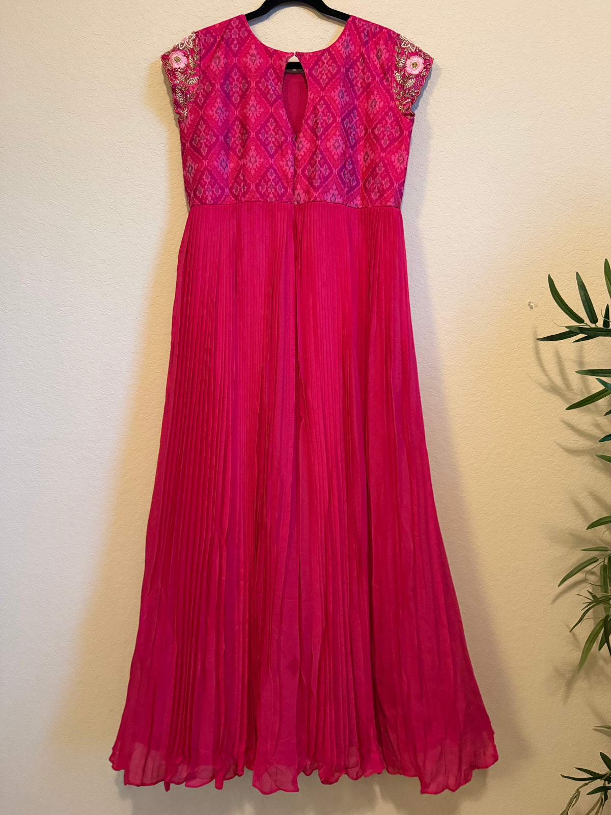 Pink Raw Silk Ikkath Maggam Work Designer Long Dress with Short Sleeve