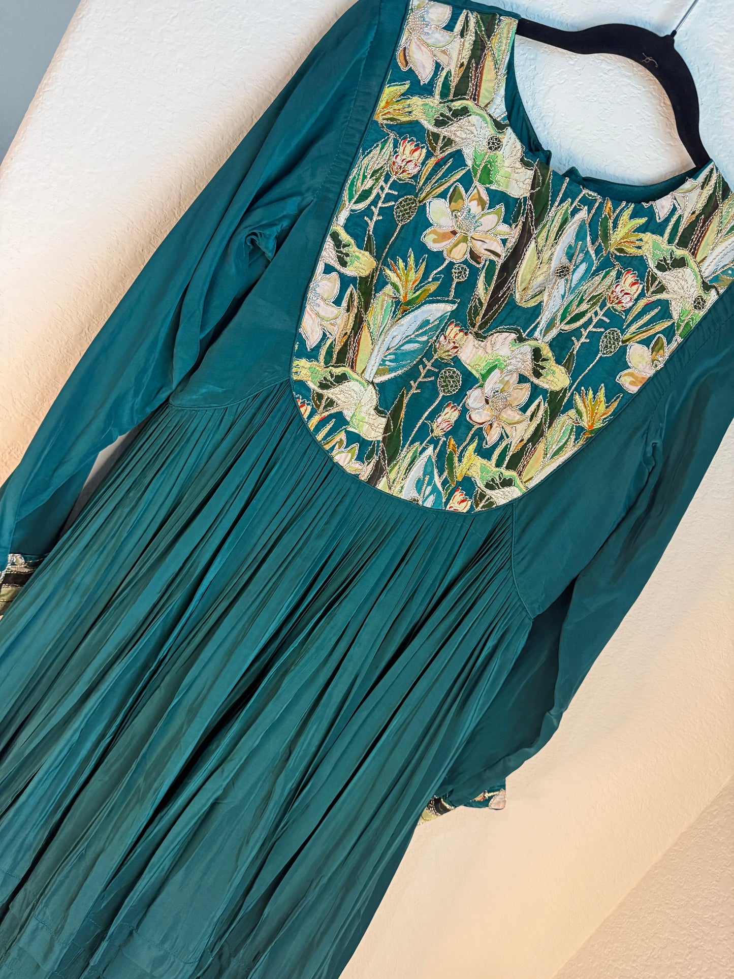 Bottle green crape silk anarkali tunic with yolk detailing