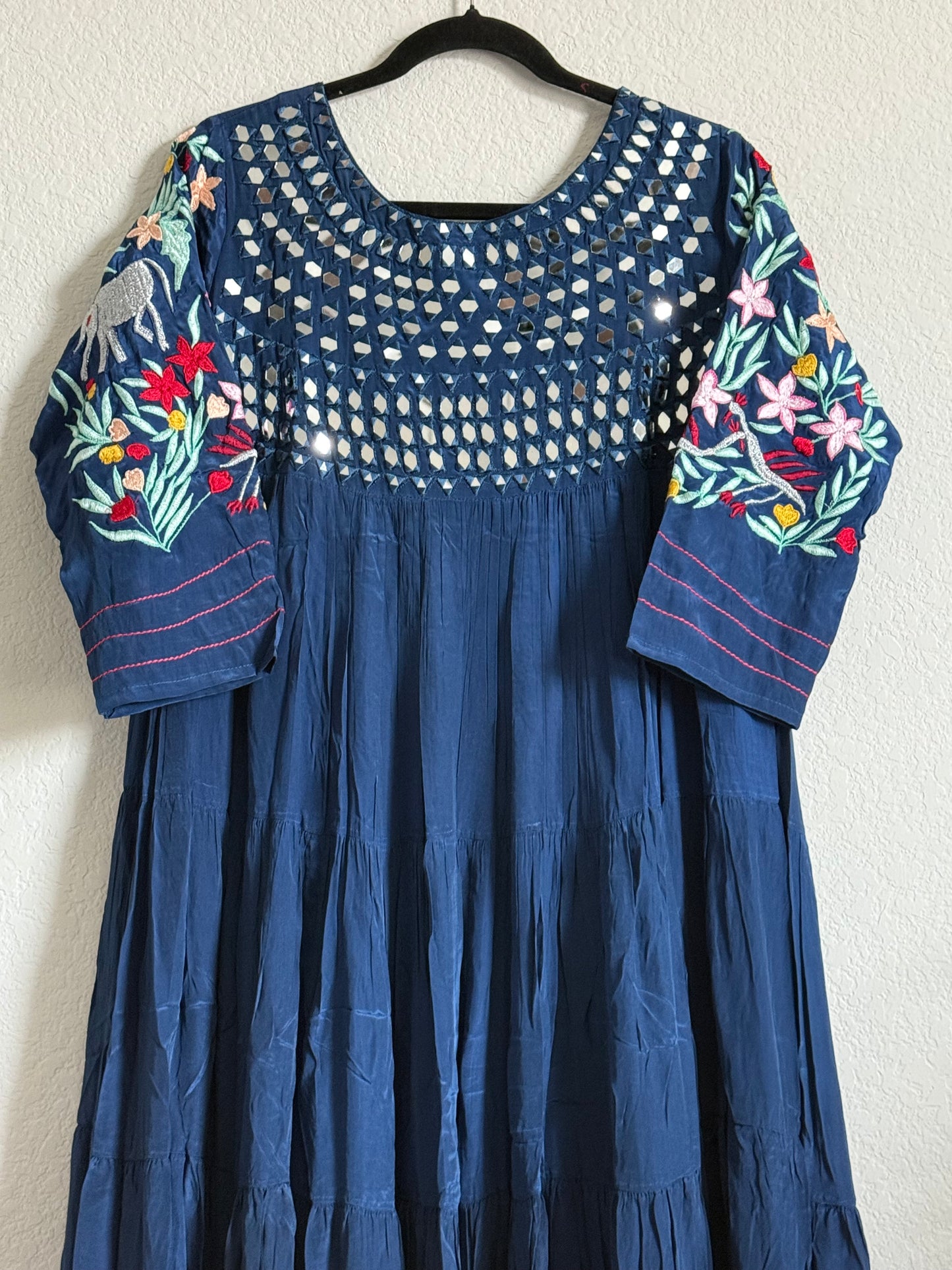 Navy Blue Heavy mirror work chinnon embroidered gown