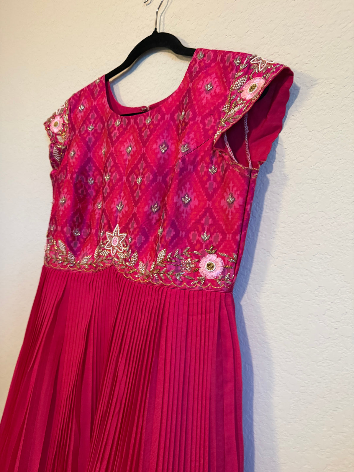 Pink Raw Silk Ikkath Maggam Work Designer Long Dress with Short Sleeve