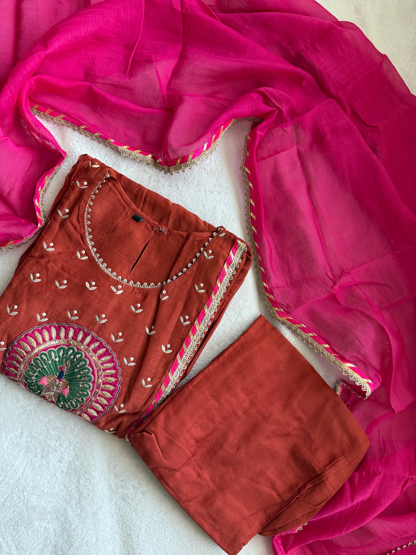 Rust orange pure mul chanderi suit set