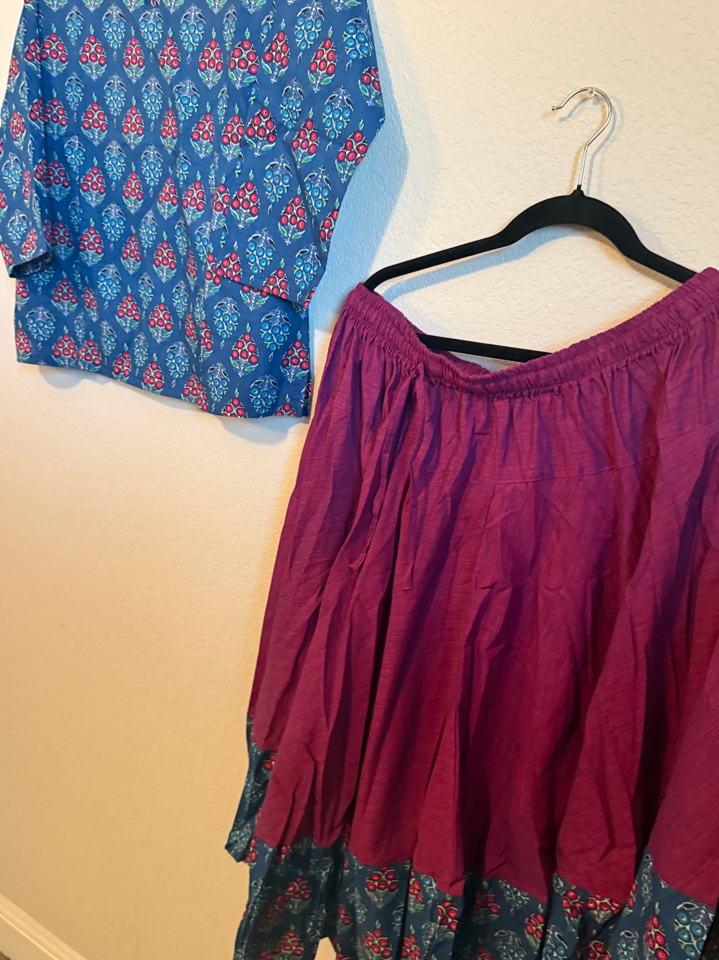Magenta cotton skirt with indigo blue top - set