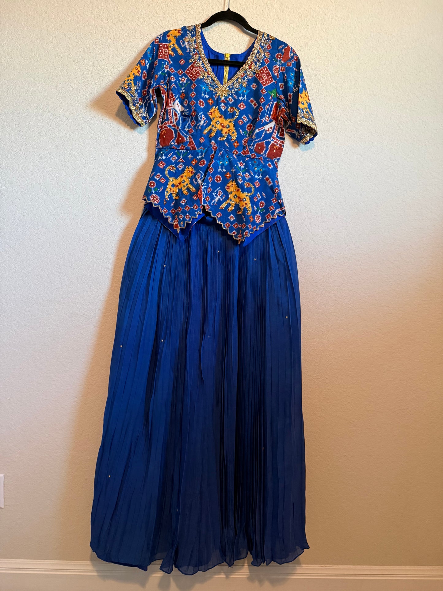 Blue Pure Patola Diamond Cut Pattern Peplum Top with Skirt Set