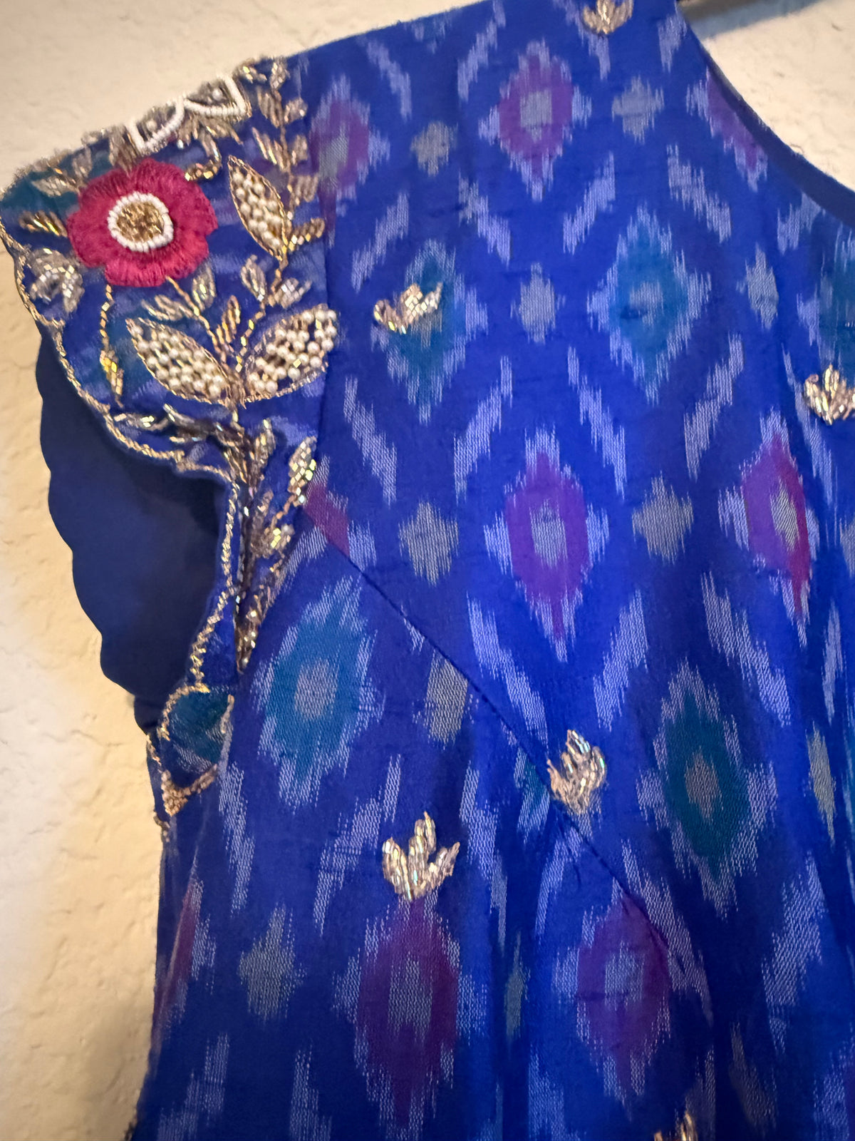 Blue Raw Silk Ikkath Maggam Work Designer Long Dress with Short Sleeve