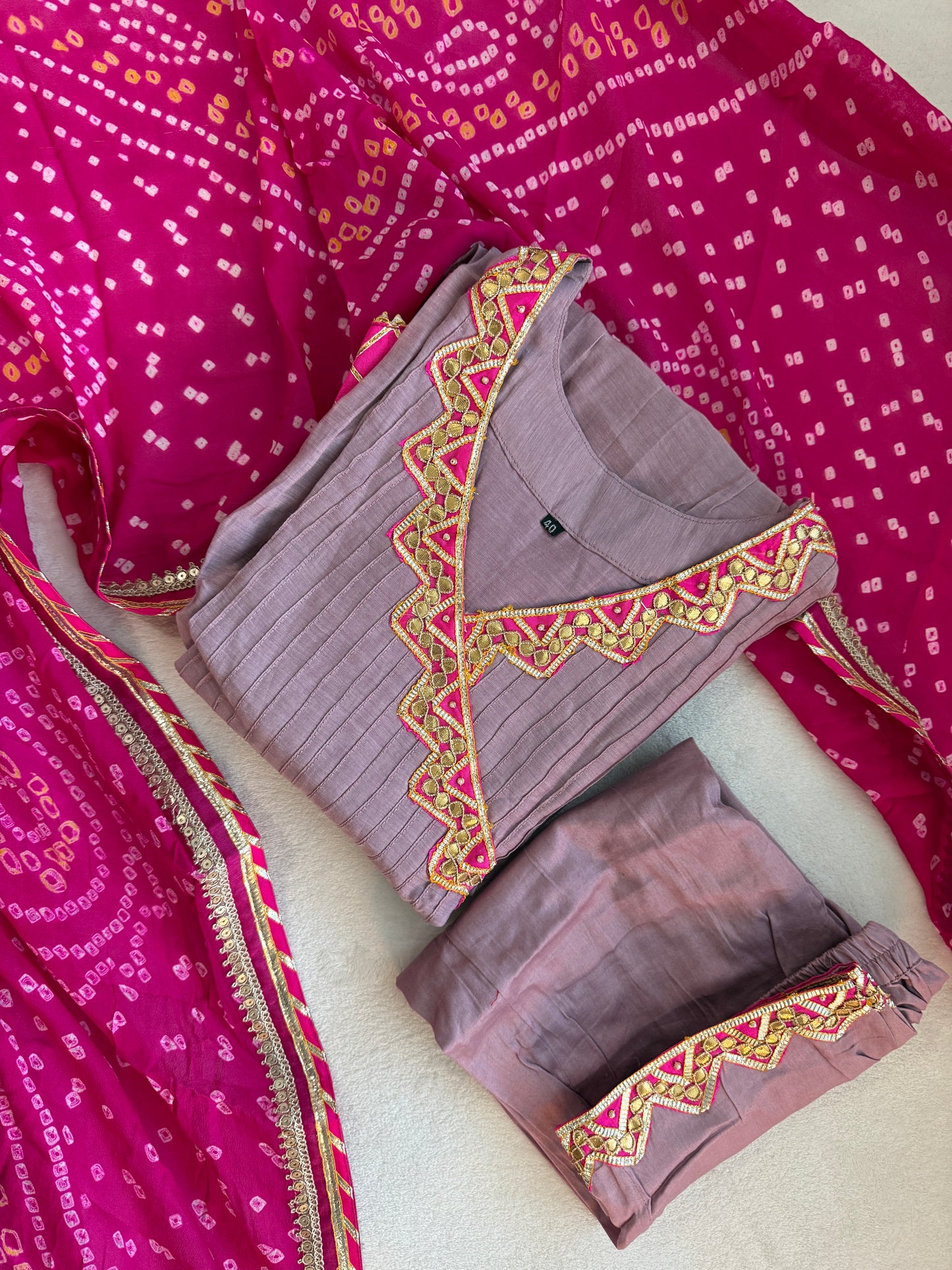 Lilac shade mul chanderi angrakha pattern kurti set with beautiful bandhini dupatta