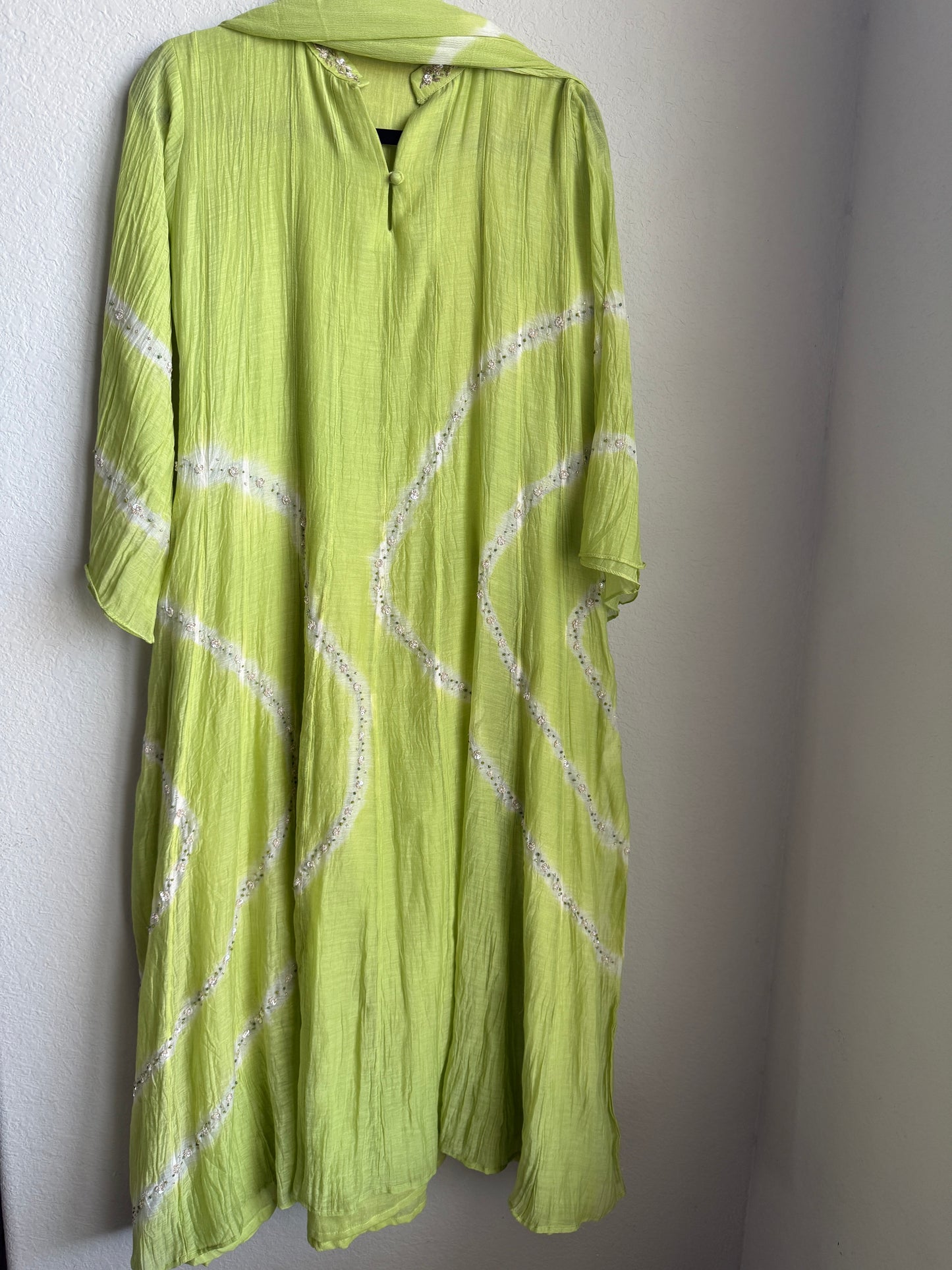 Parrot green mul chanderi A-line kurti set with chiffon dupatta