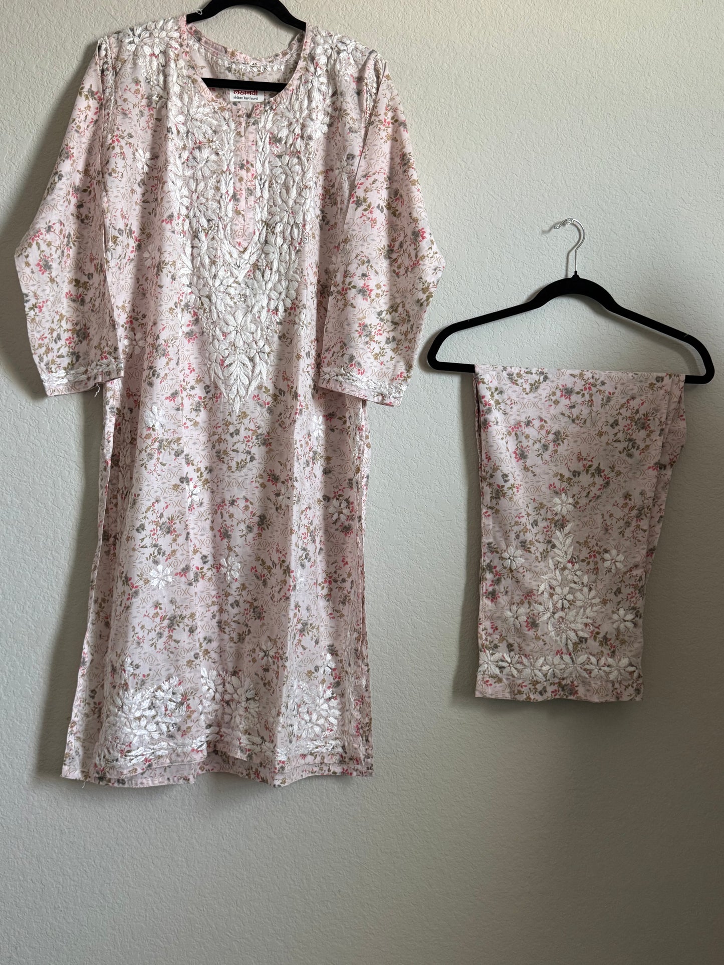 Pinkish Red Floral Printed Cotton Chikankari Coord Set - Top with Palazzo