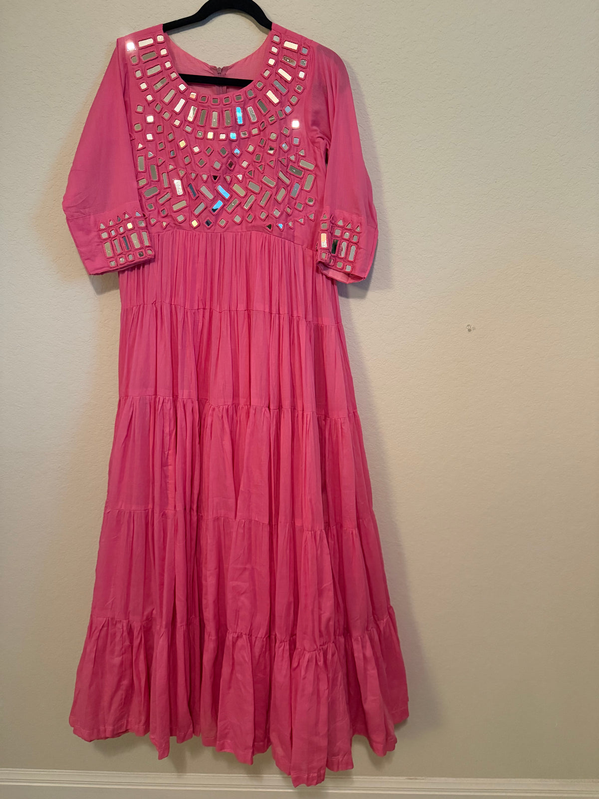 Pink Mirror Work Heavy Flared Anarkali Long Dress