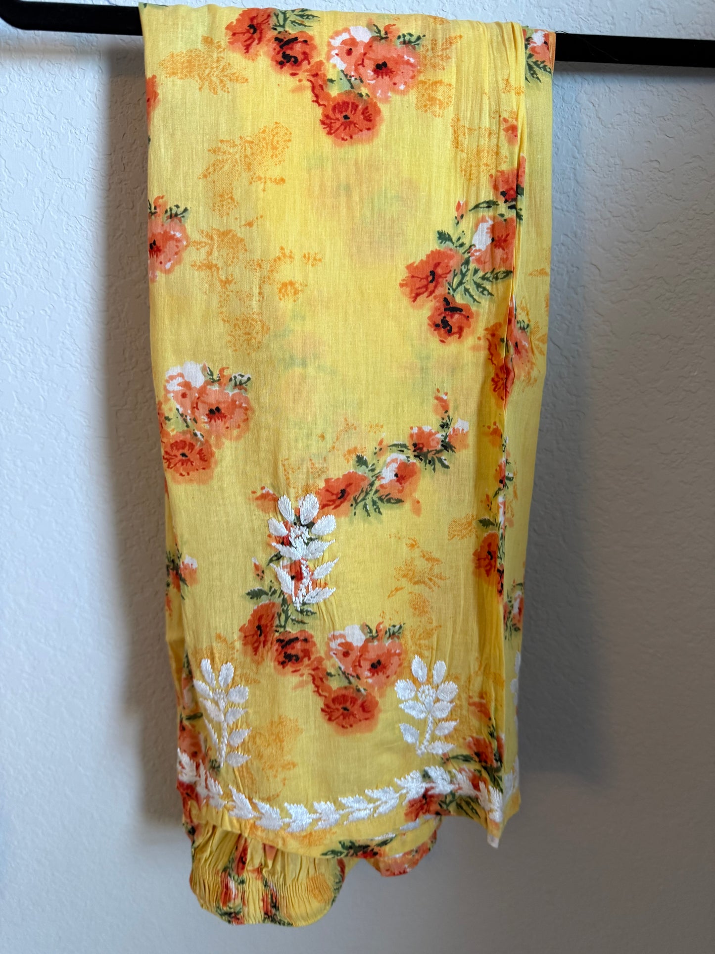 Yellow Floral Printed Cotton Chikankari Coord Set - Top with Palazzo