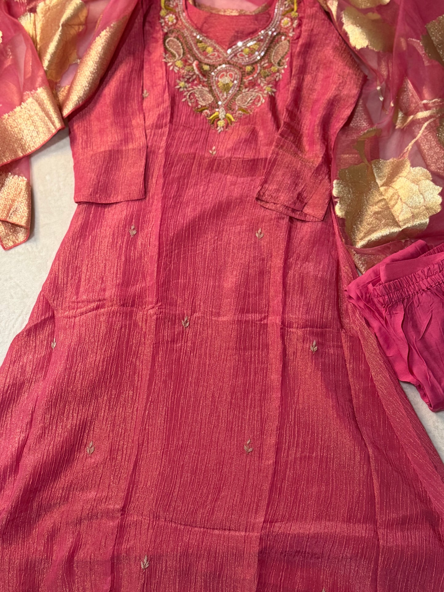 Pink shade crush tissue A-line kurti set with gorgeous banarasi dupatta