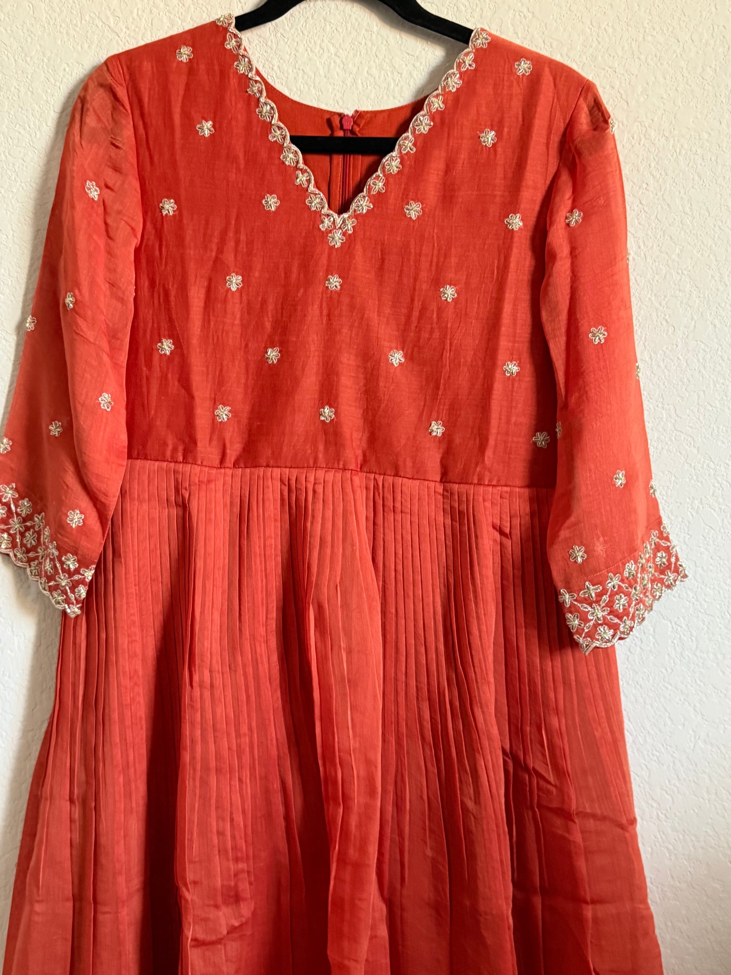 Rust Orange Mul Chanderi Handwork Designer Dress