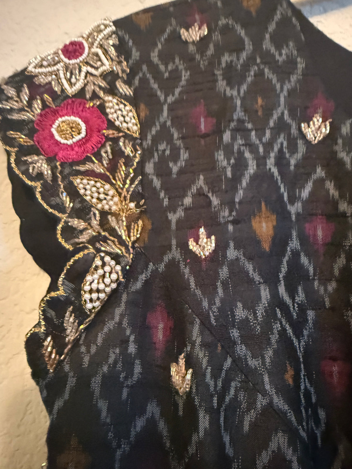 Black Raw Silk Ikkath Maggam Work Designer Long Dress with Short Sleeve