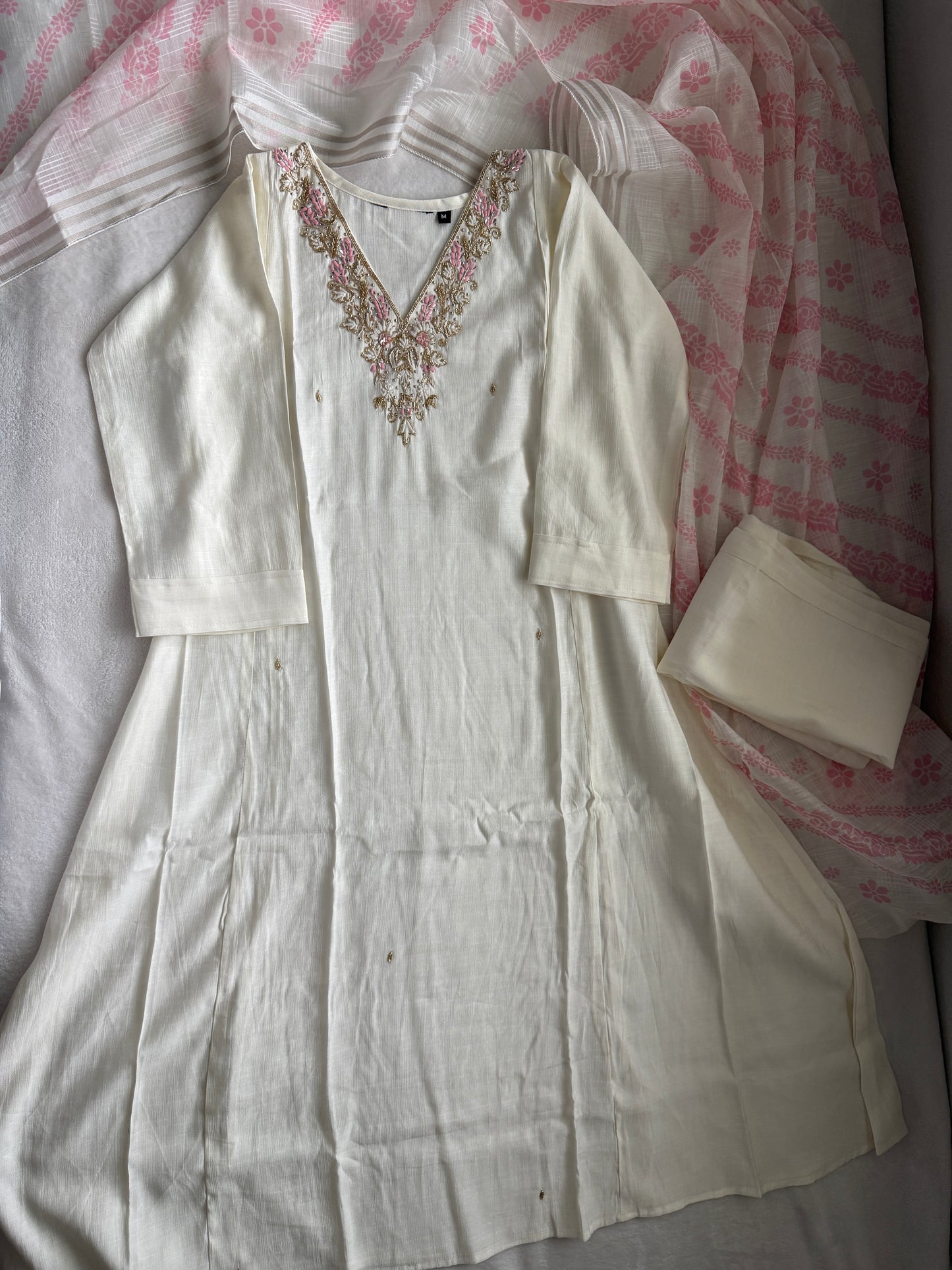 Ivory shade vatican silk handwork anarkali kurti set with floral dupatta