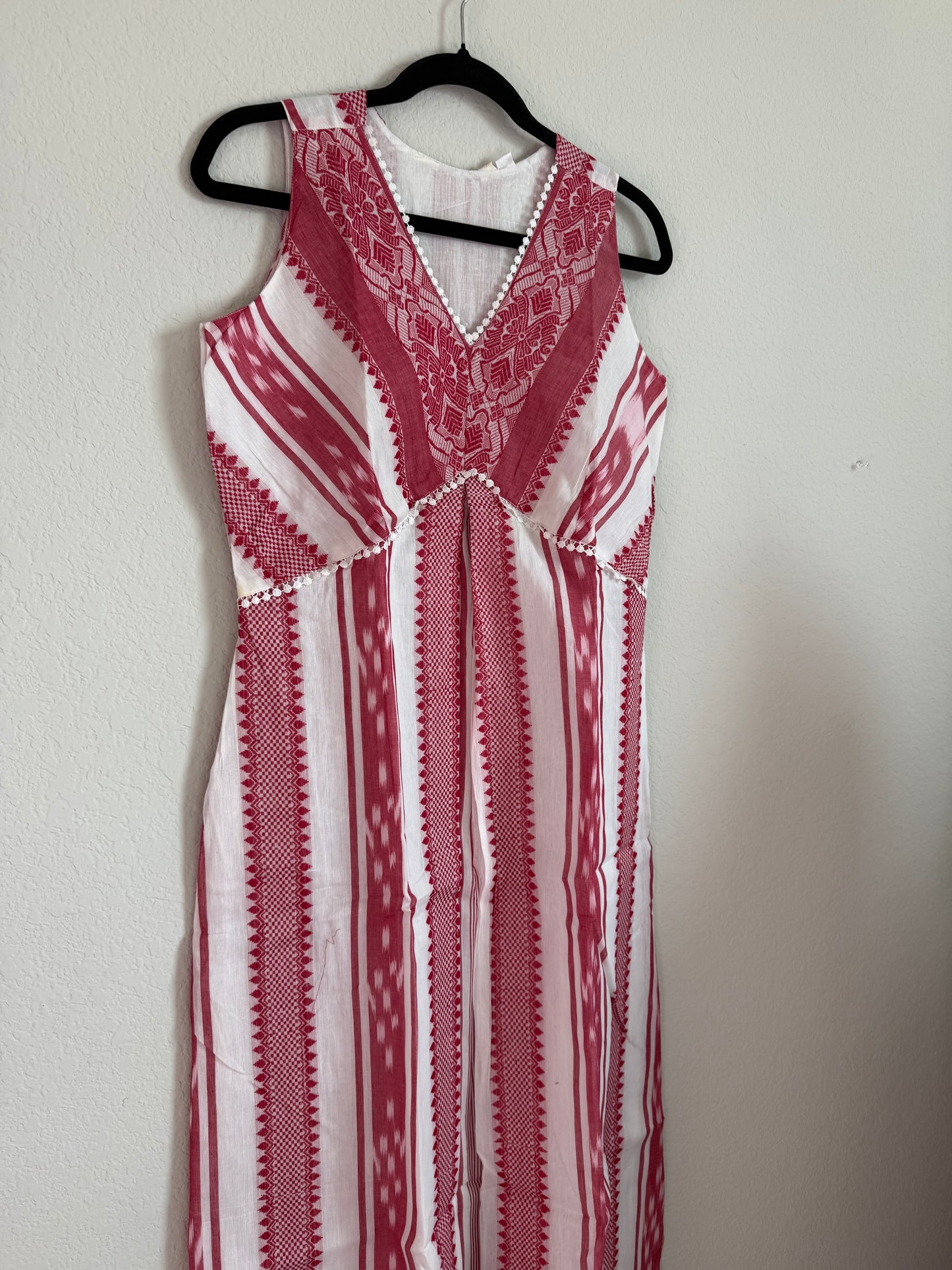 White and Red Summer Cotton Ikkath Sleeveless Dress - Sleeves available inside