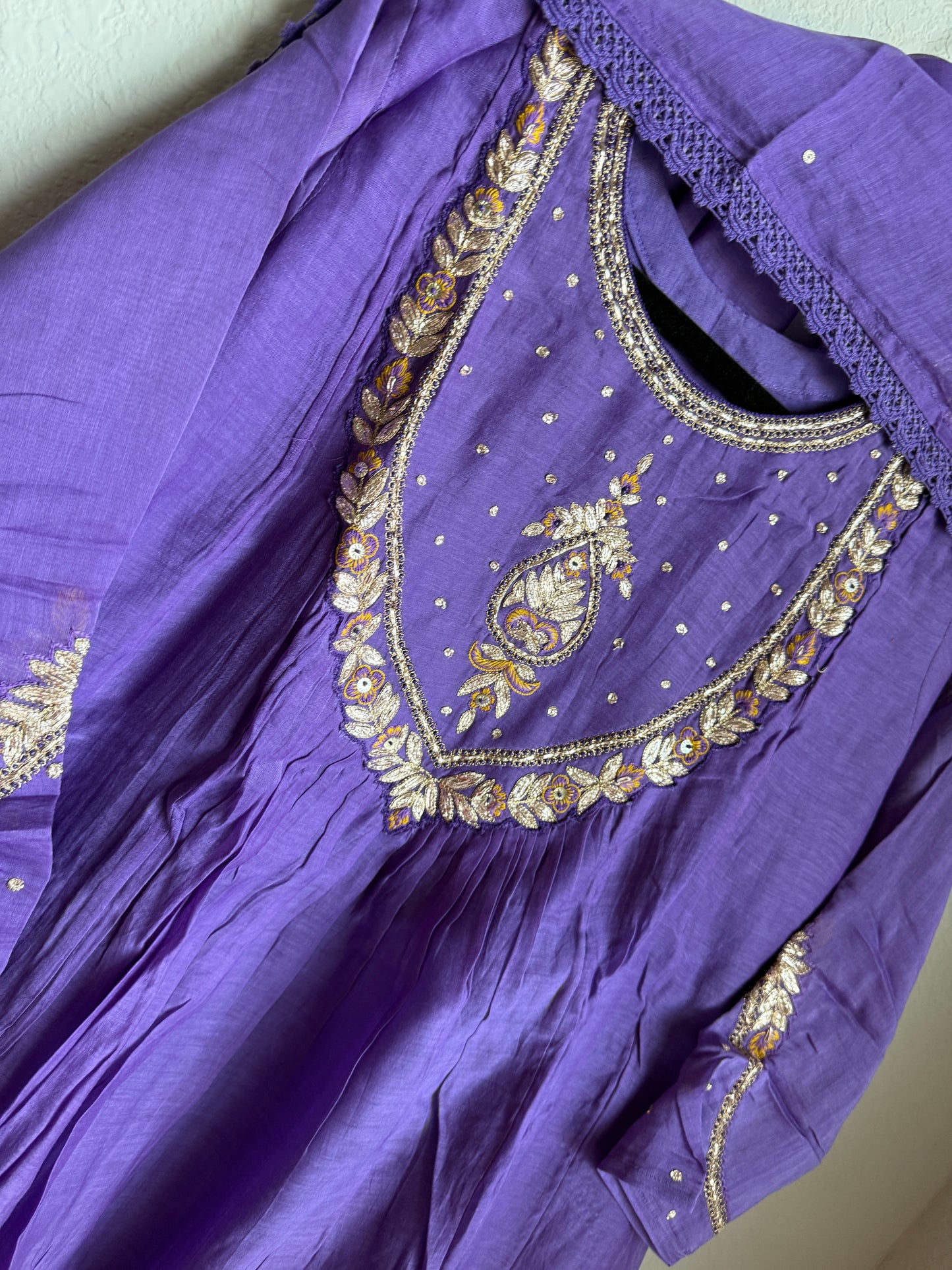 Purple mul chanderi designer A-line kurti set