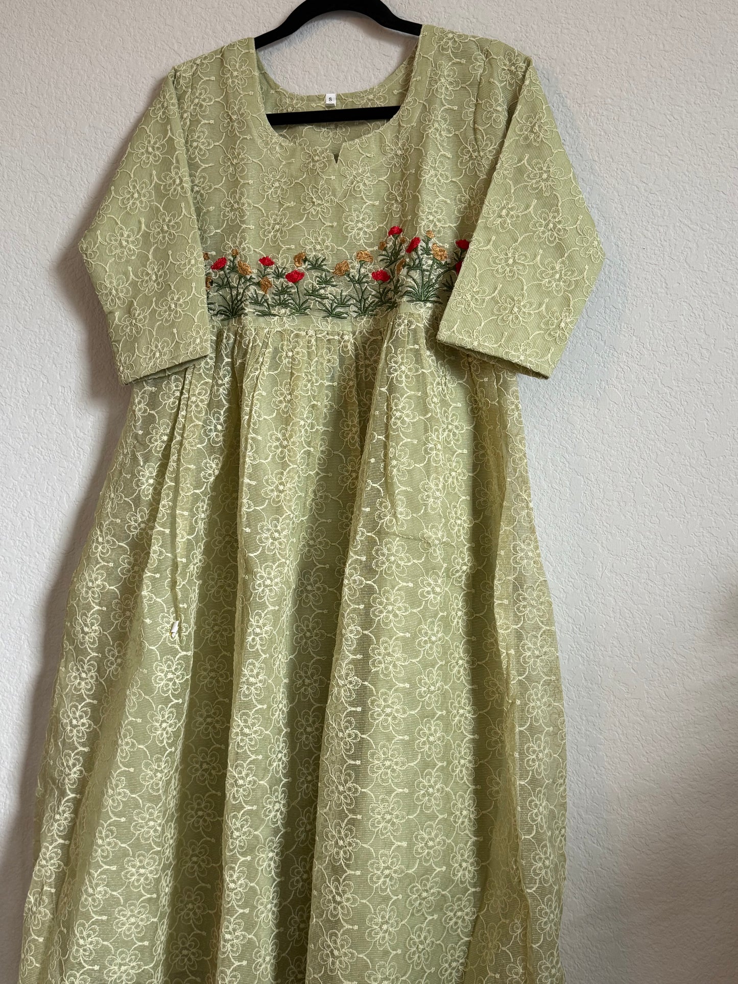 Pista Green Net Kota Embroidered Frock