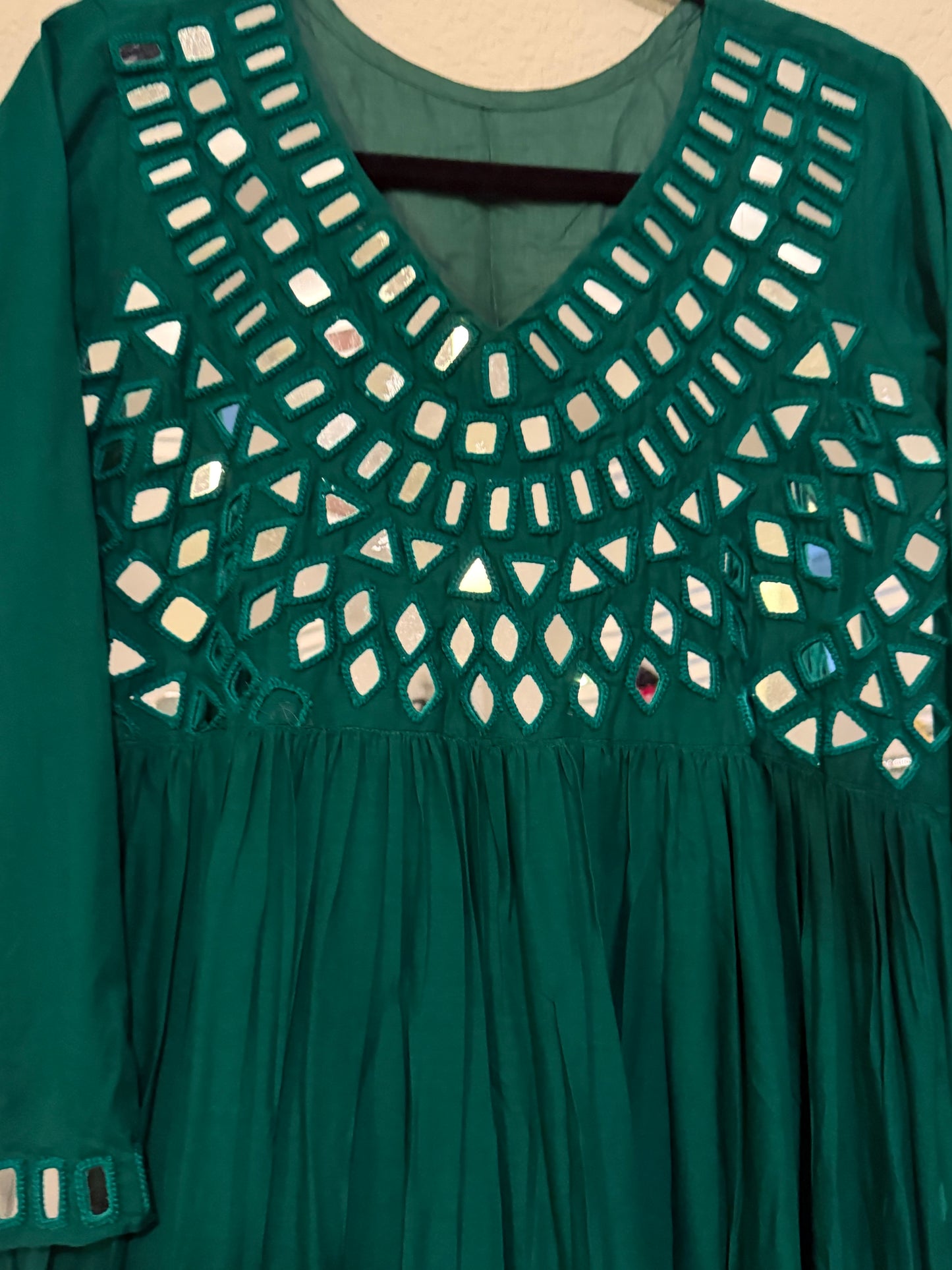 Green Handwork Mirror Work Heavy Flared Anarkali Long Dress