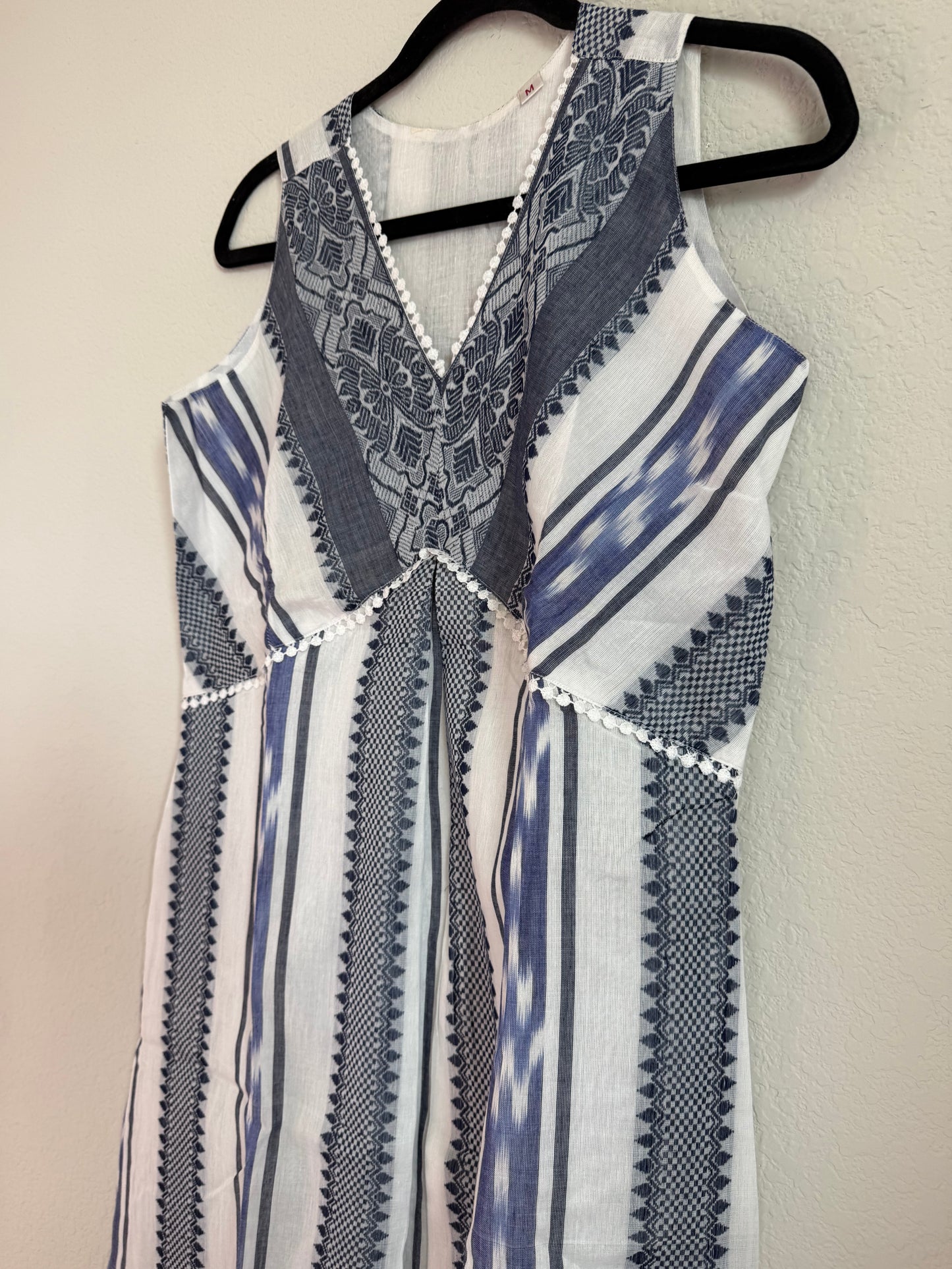 White and Blue Summer Cotton Ikkath Sleeveless Dress - Sleeves available inside