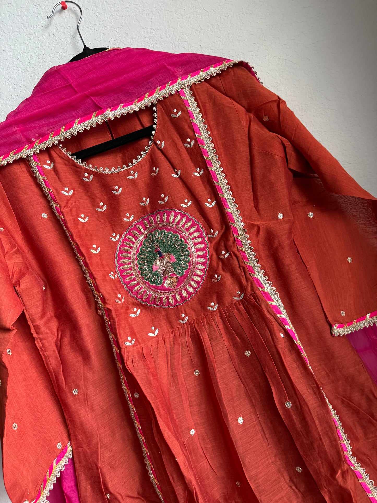 Rust orange pure mul chanderi suit set
