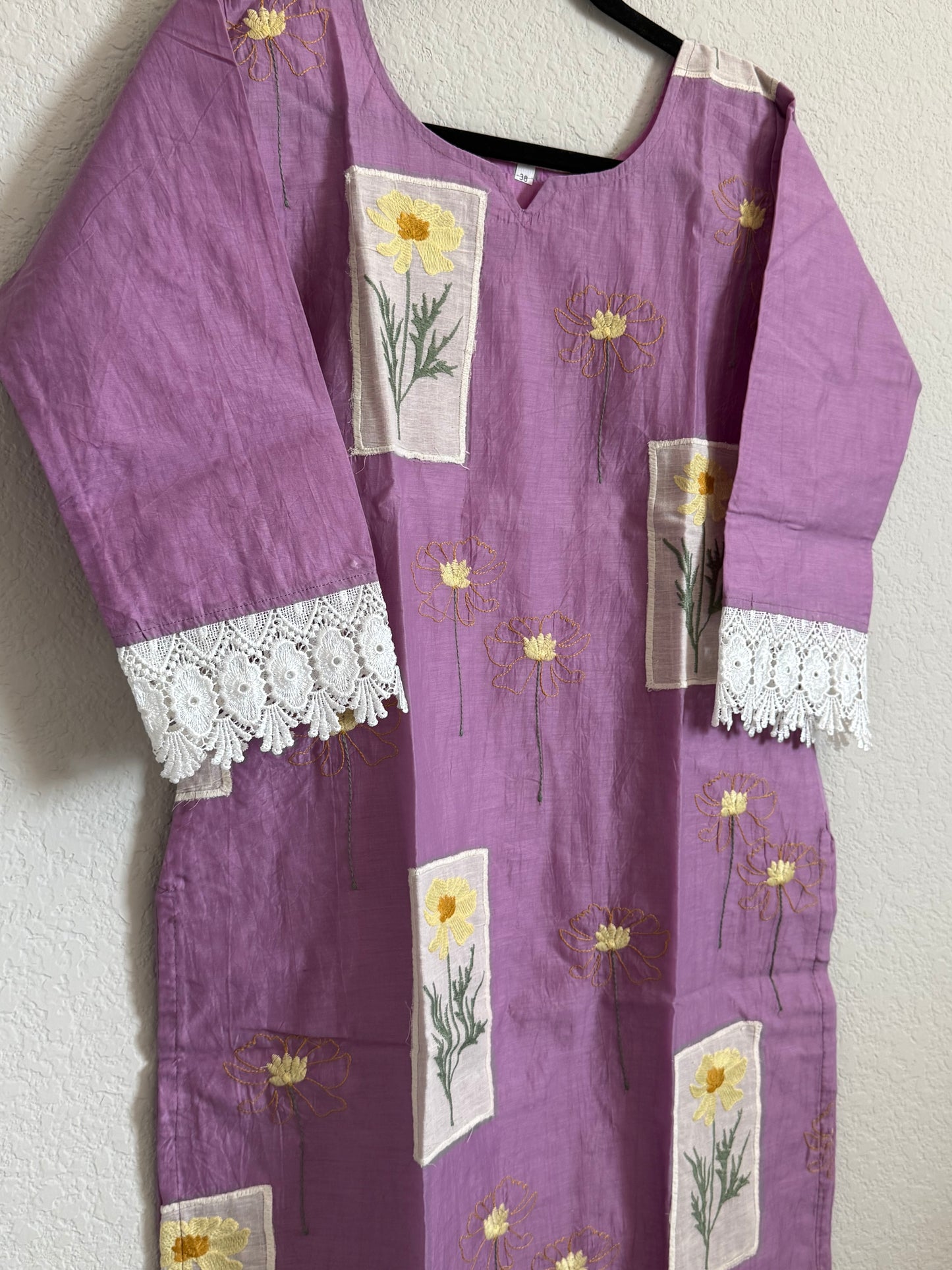 Lavendar Mul Chanderi Straight Cut Kurti - Lace Sleeves Pattern