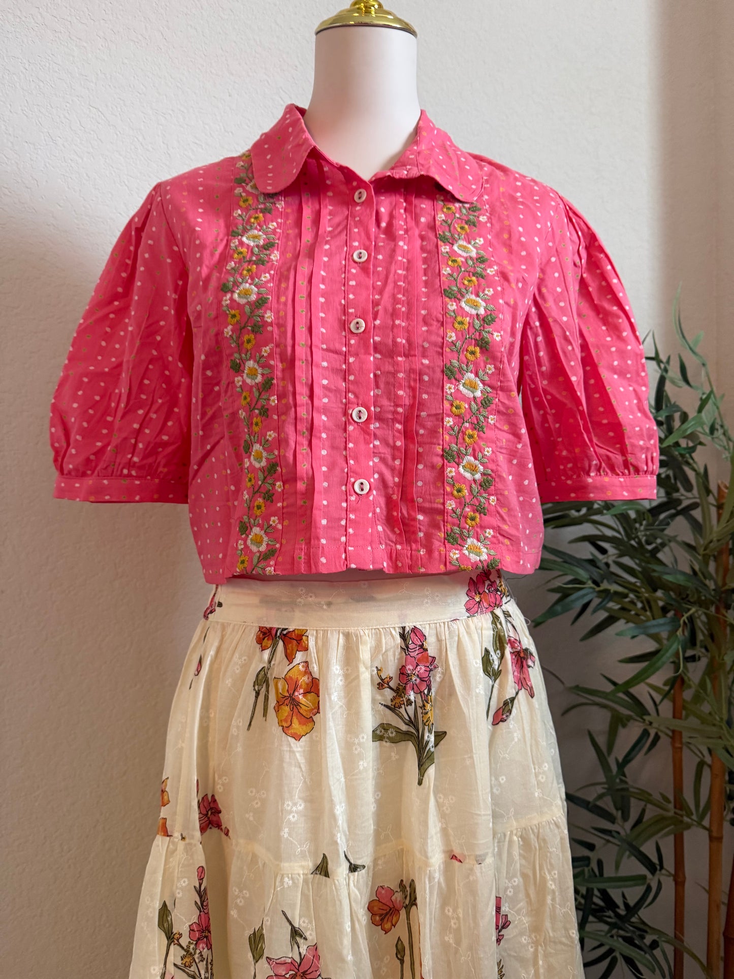 Pink crop top with white floral skirt