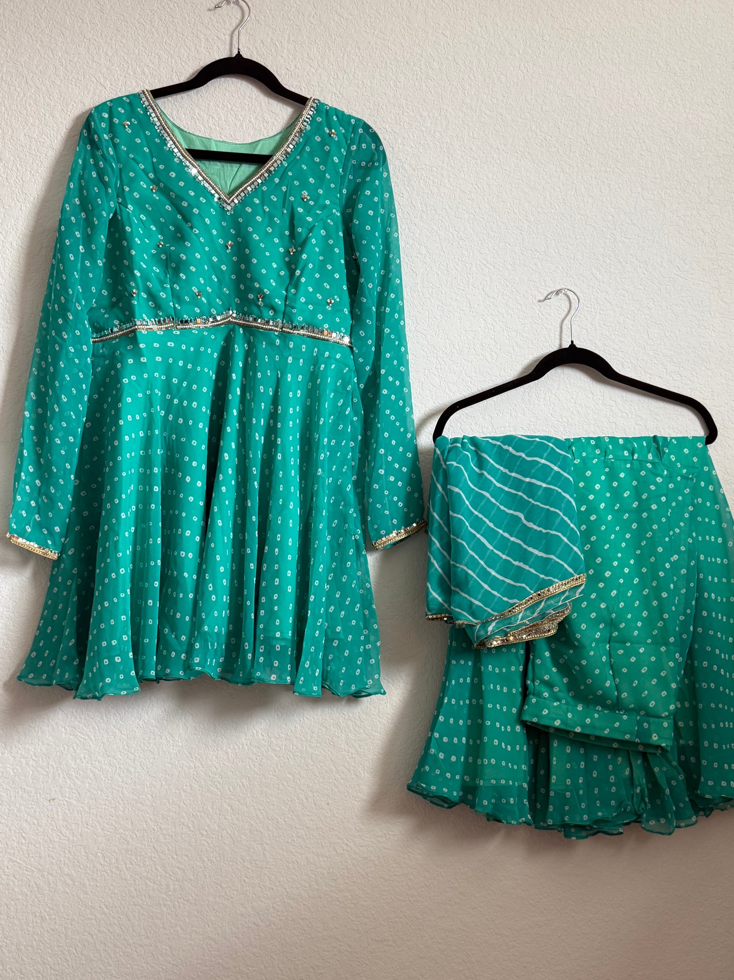 Teal Green Bandhini Handwork Sharara Set