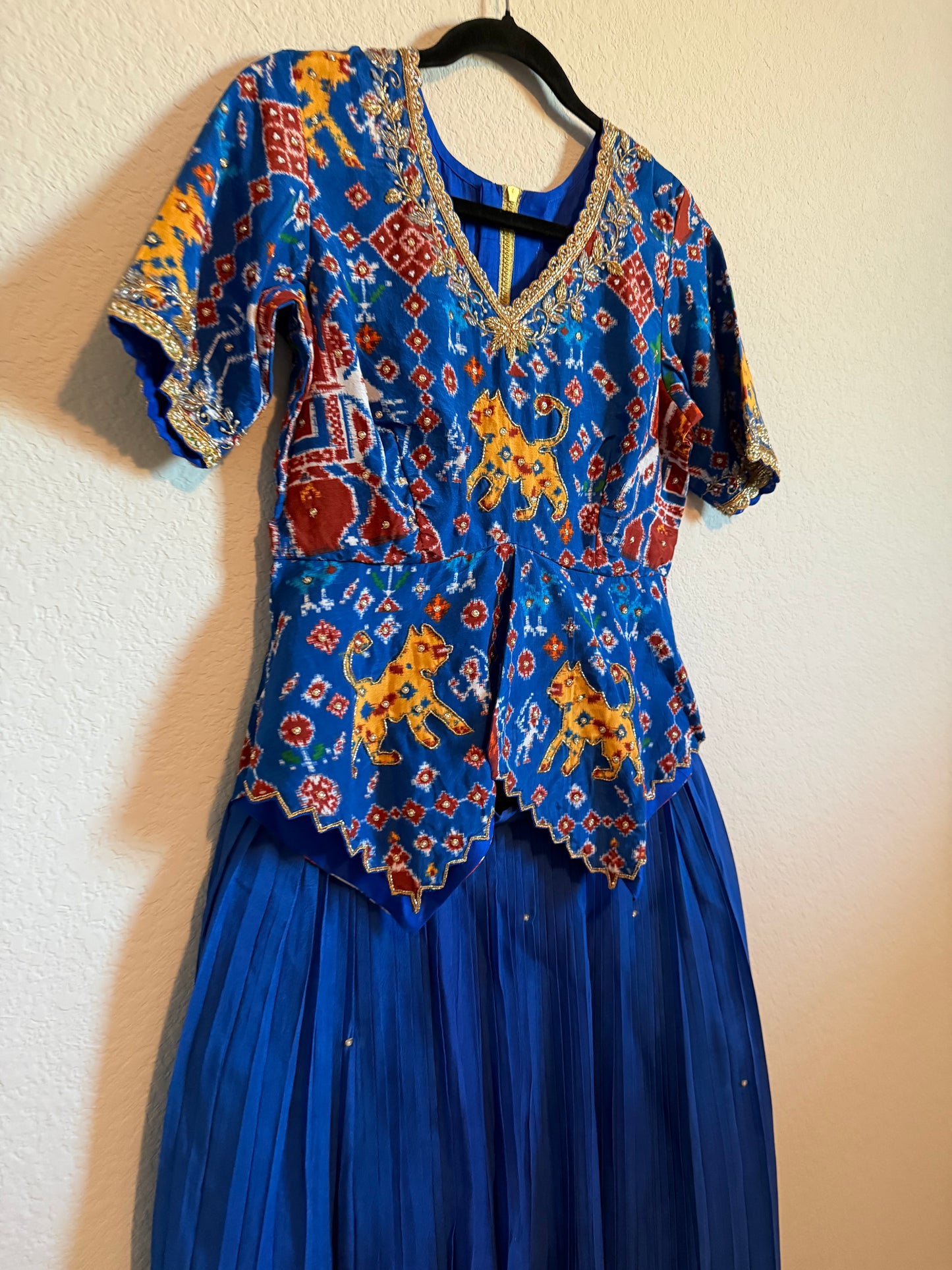 Blue Pure Patola Diamond Cut Pattern Peplum Top with Skirt Set