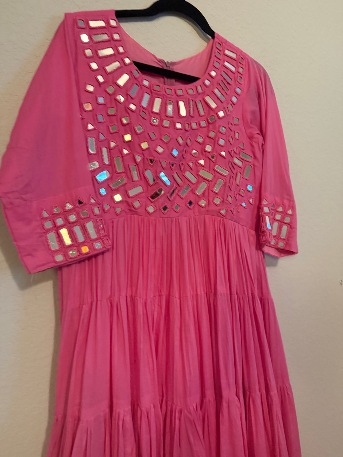Pink Mirror Work Heavy Flared Anarkali Long Dress
