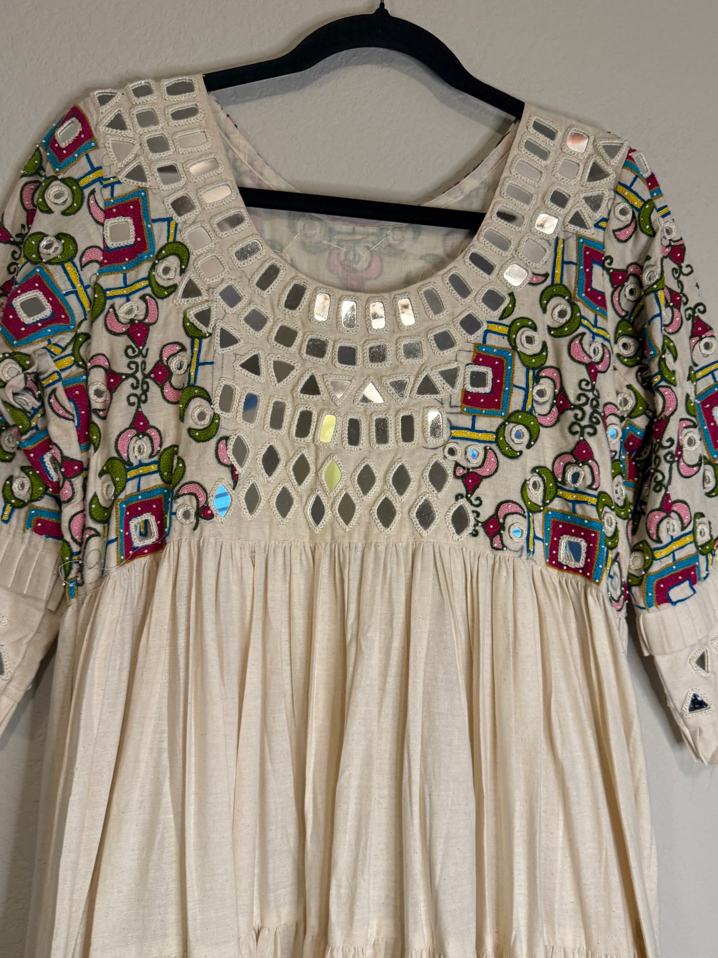 White Handwork Mirror Work Heavy Flared Anarkali Long Dress