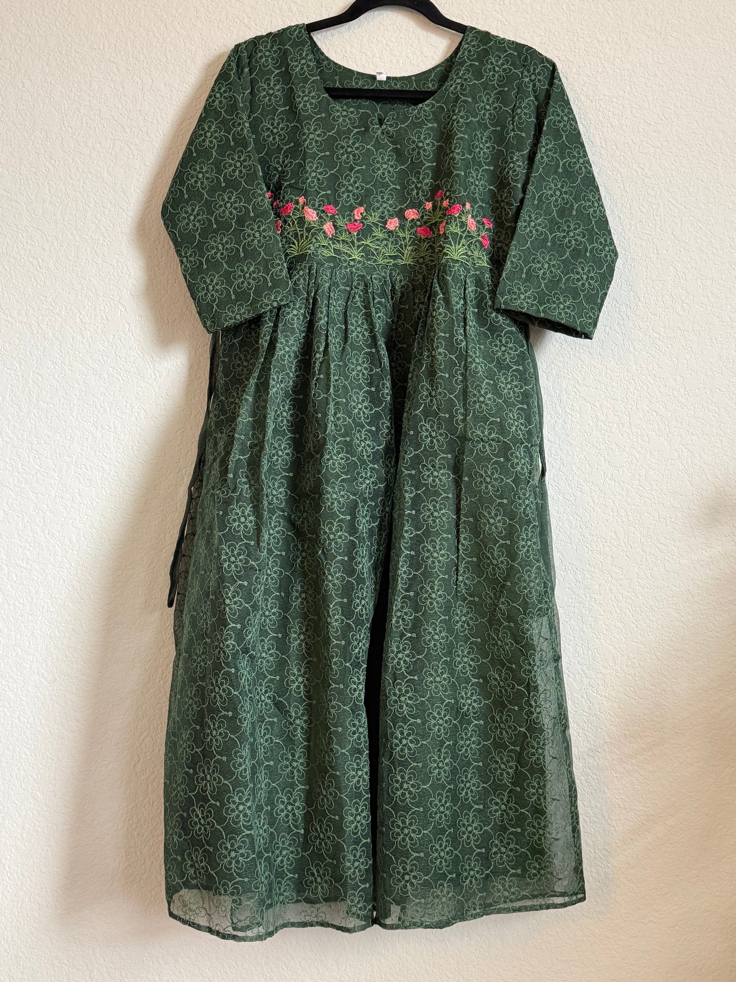 Bottle Green Net Kota Embroidered Frock