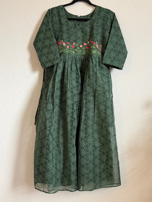 Bottle Green Net Kota Embroidered Frock