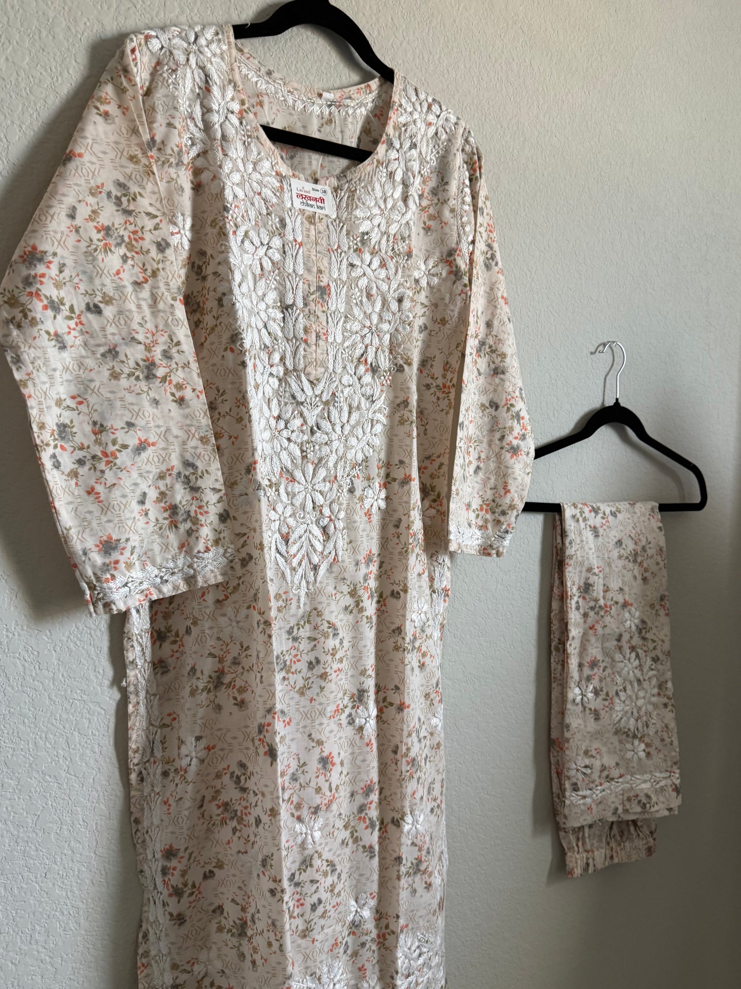 Orange Floral Printed Cotton Chikankari Coord Set - Top with Palazzo