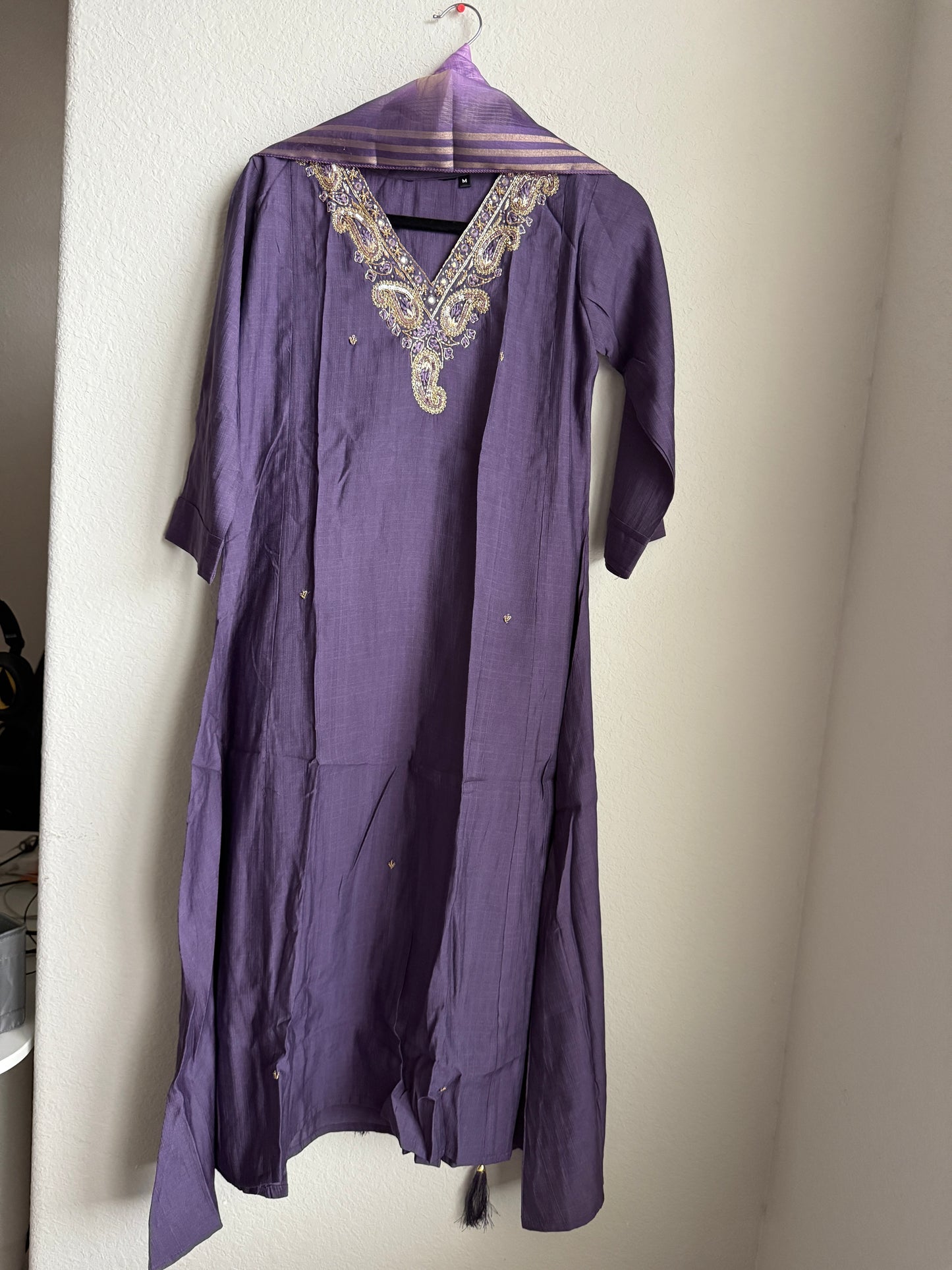 Purple shade vatican silk handwork anarkali kurti set with floral dupatta