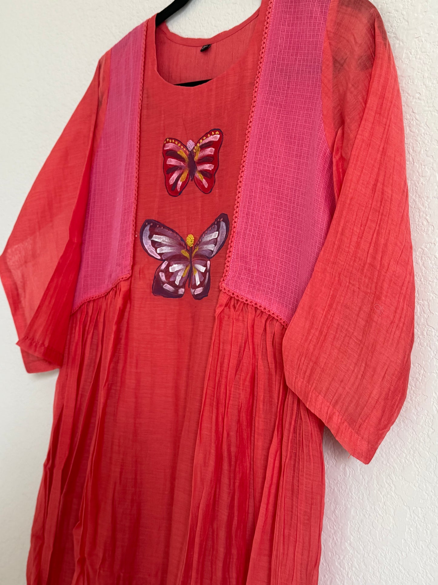 Coral Pink Mul Chanderi Handpainted Butterfly Design Tunic