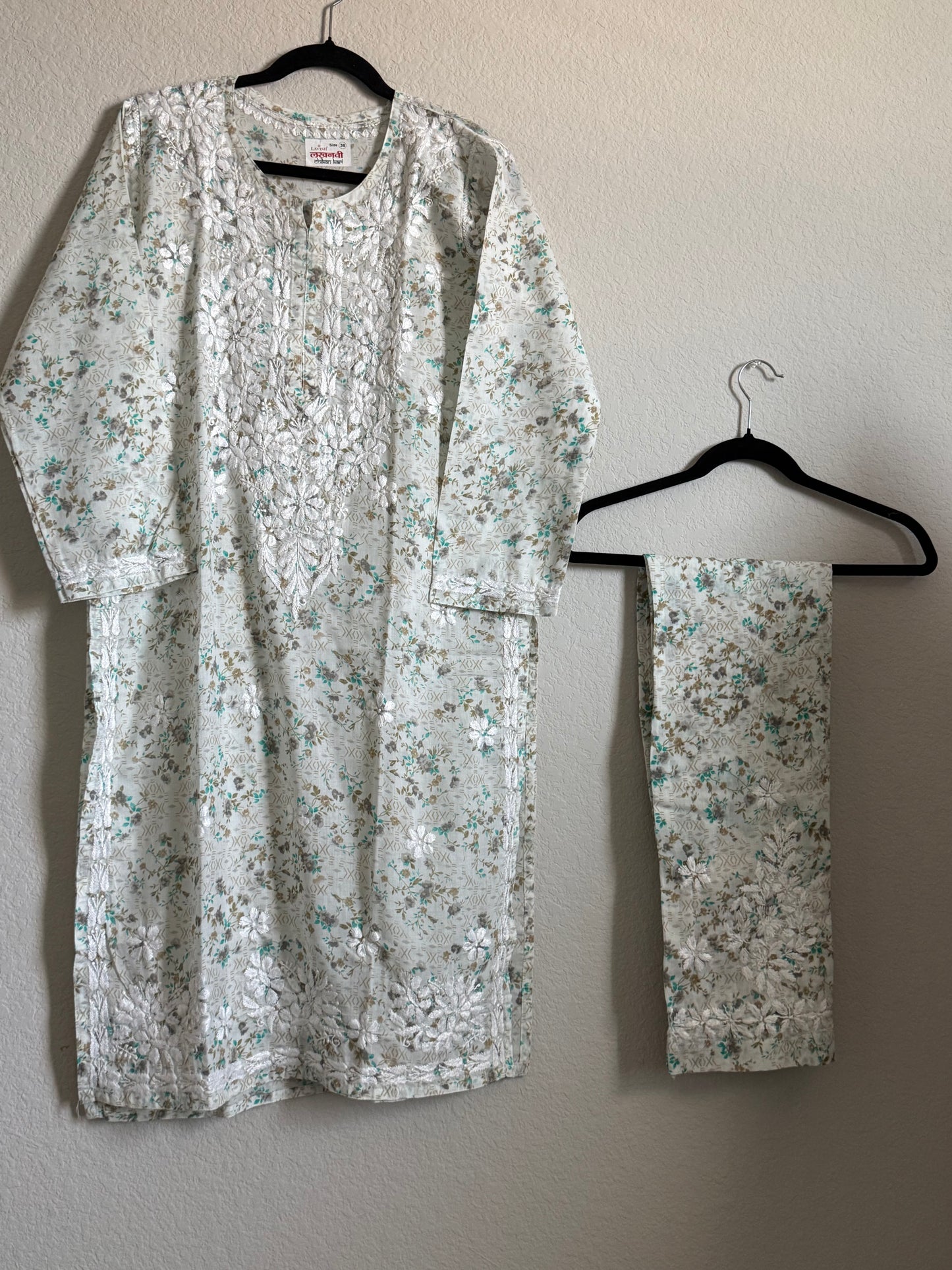 Green Floral Printed Cotton Chikankari Coord Set - Top with Palazzo