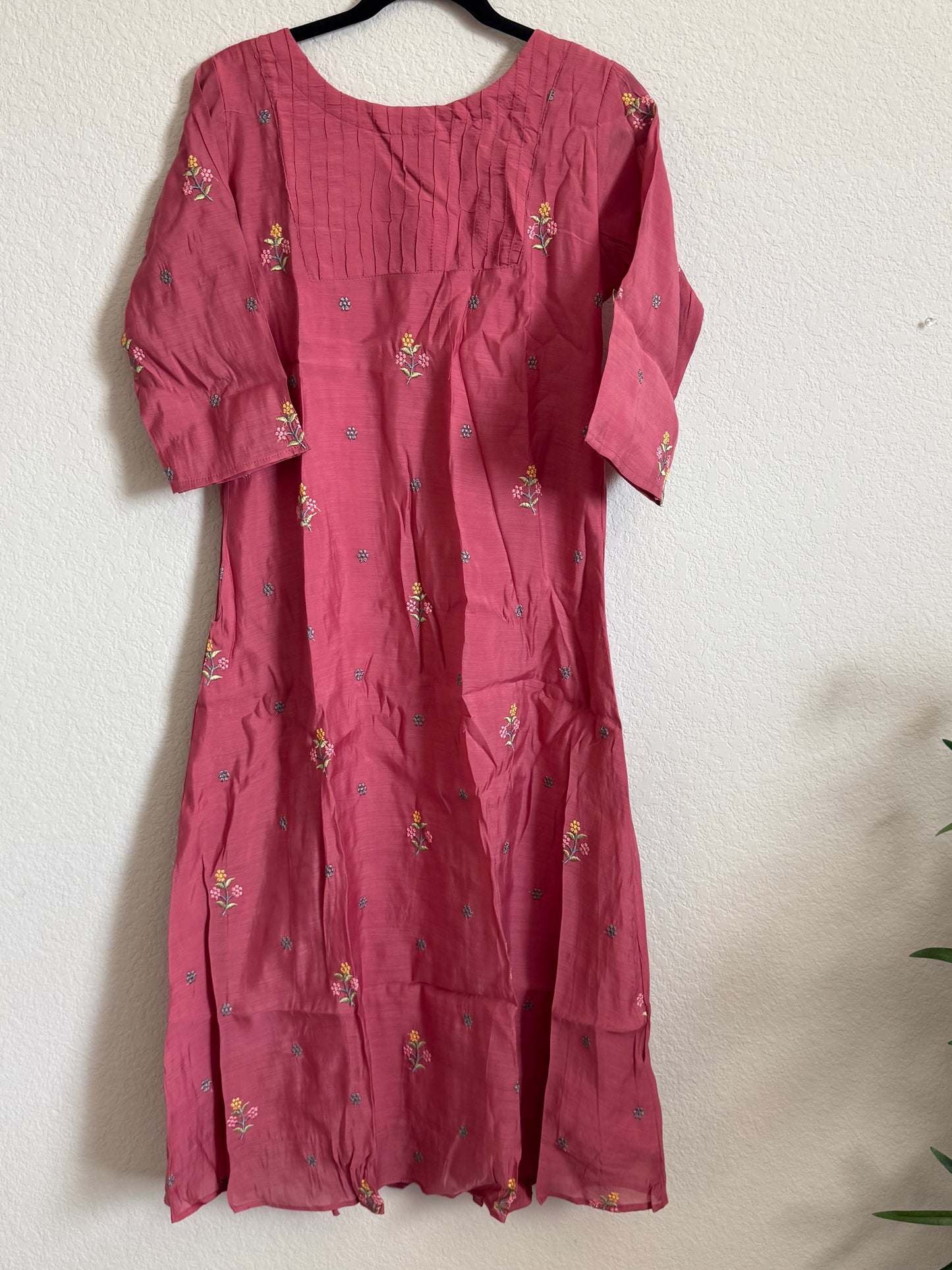 Peach Floral Embroidered Mul Chanderi A-line Kurti