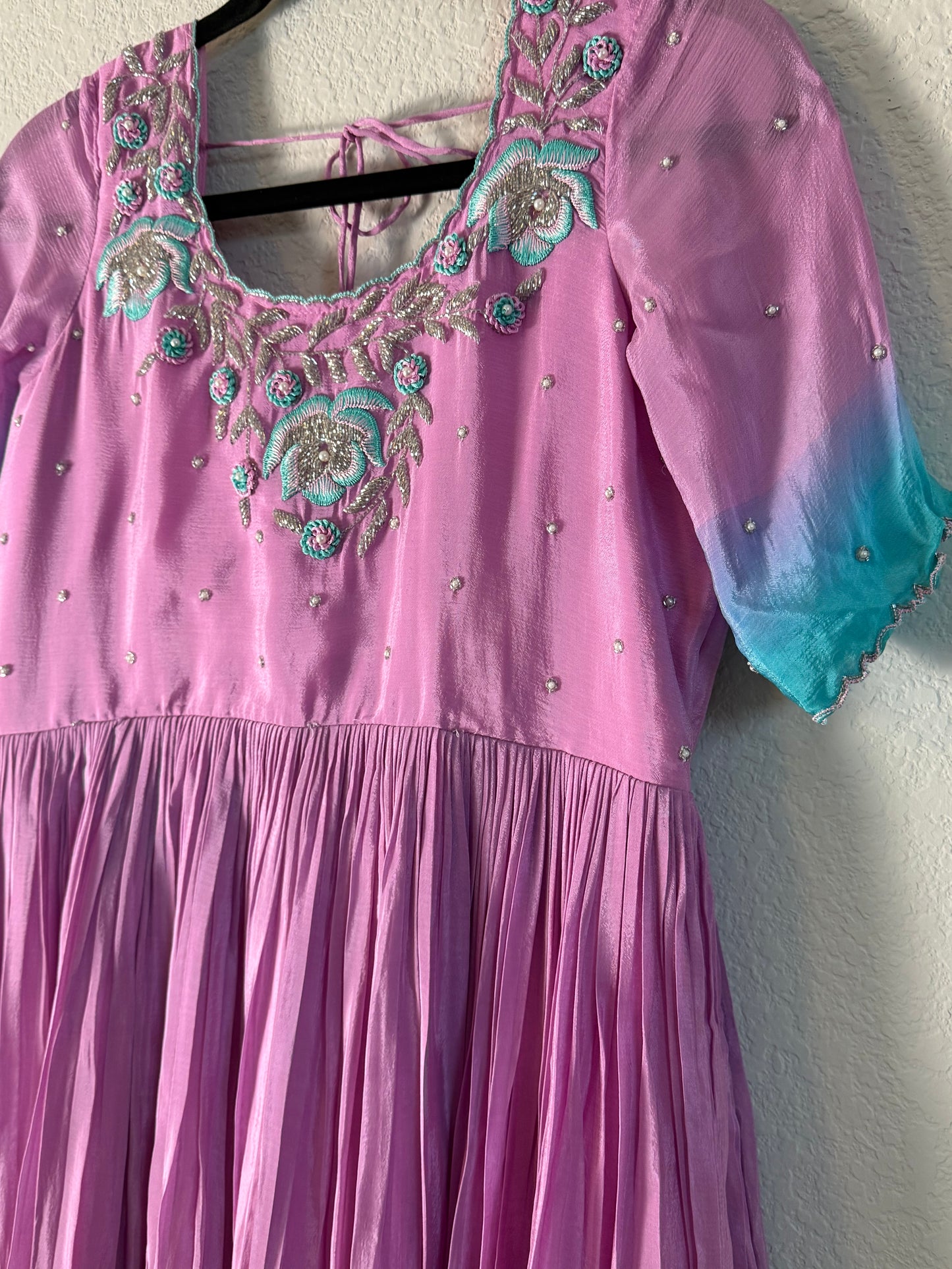 Light Pink with Teal Blue Chinnon Maggam Work Long Dress