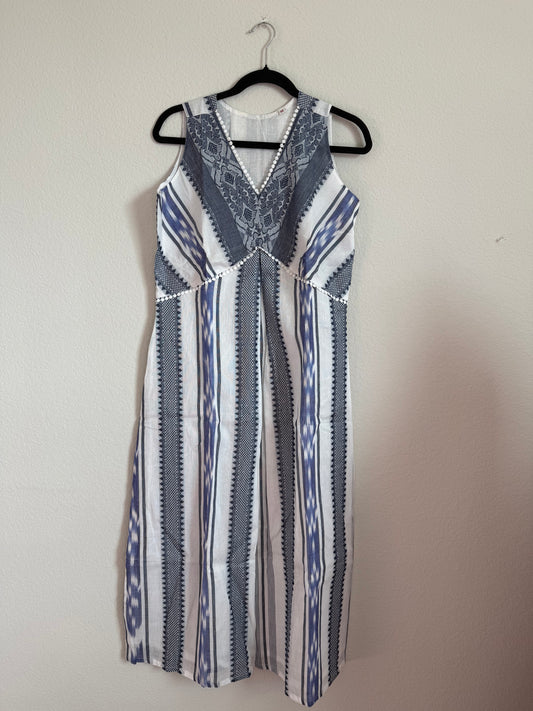 White and Blue Summer Cotton Ikkath Sleeveless Dress - Sleeves available inside