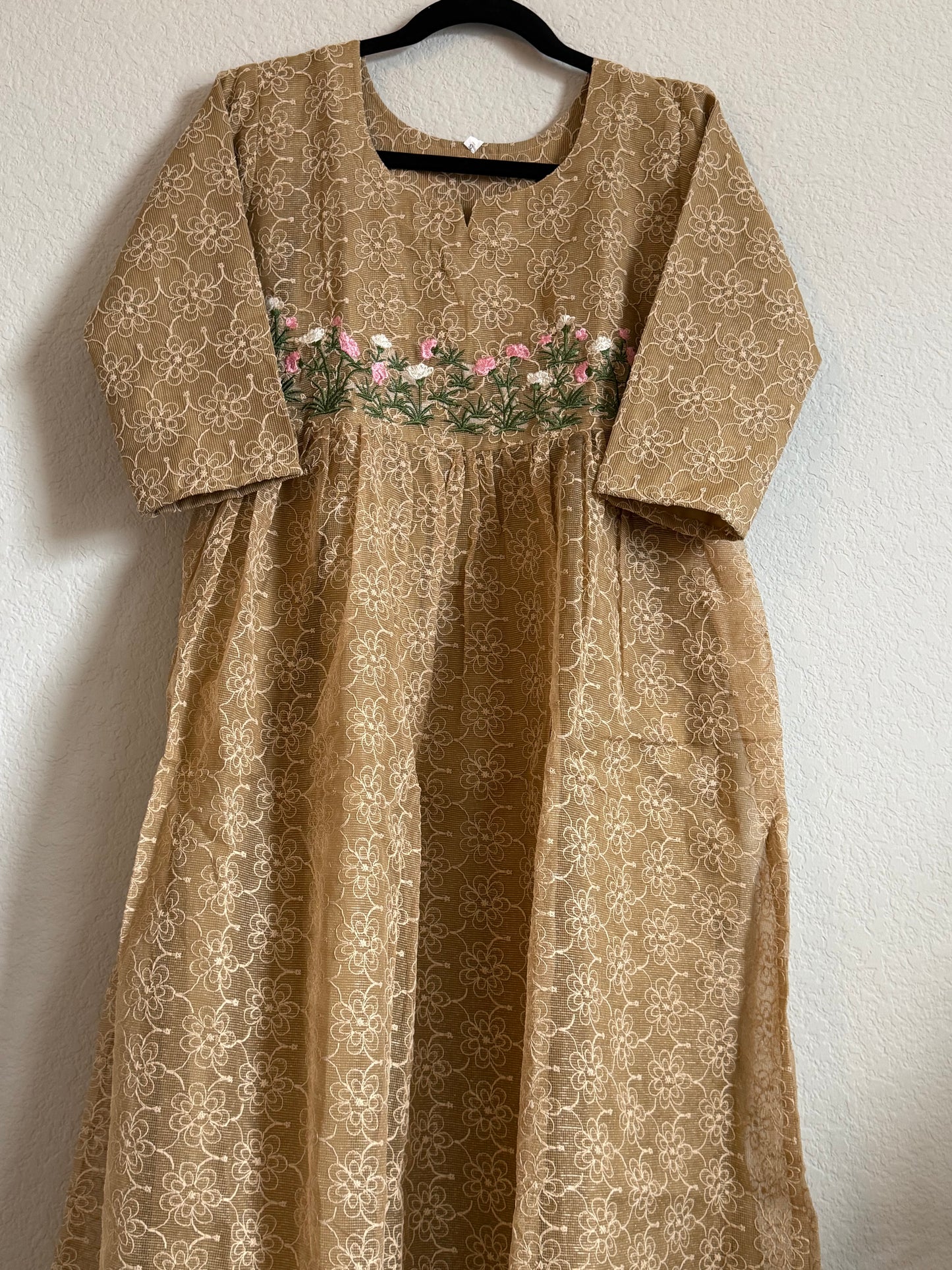 Biege Net Kota Embroidered Frock