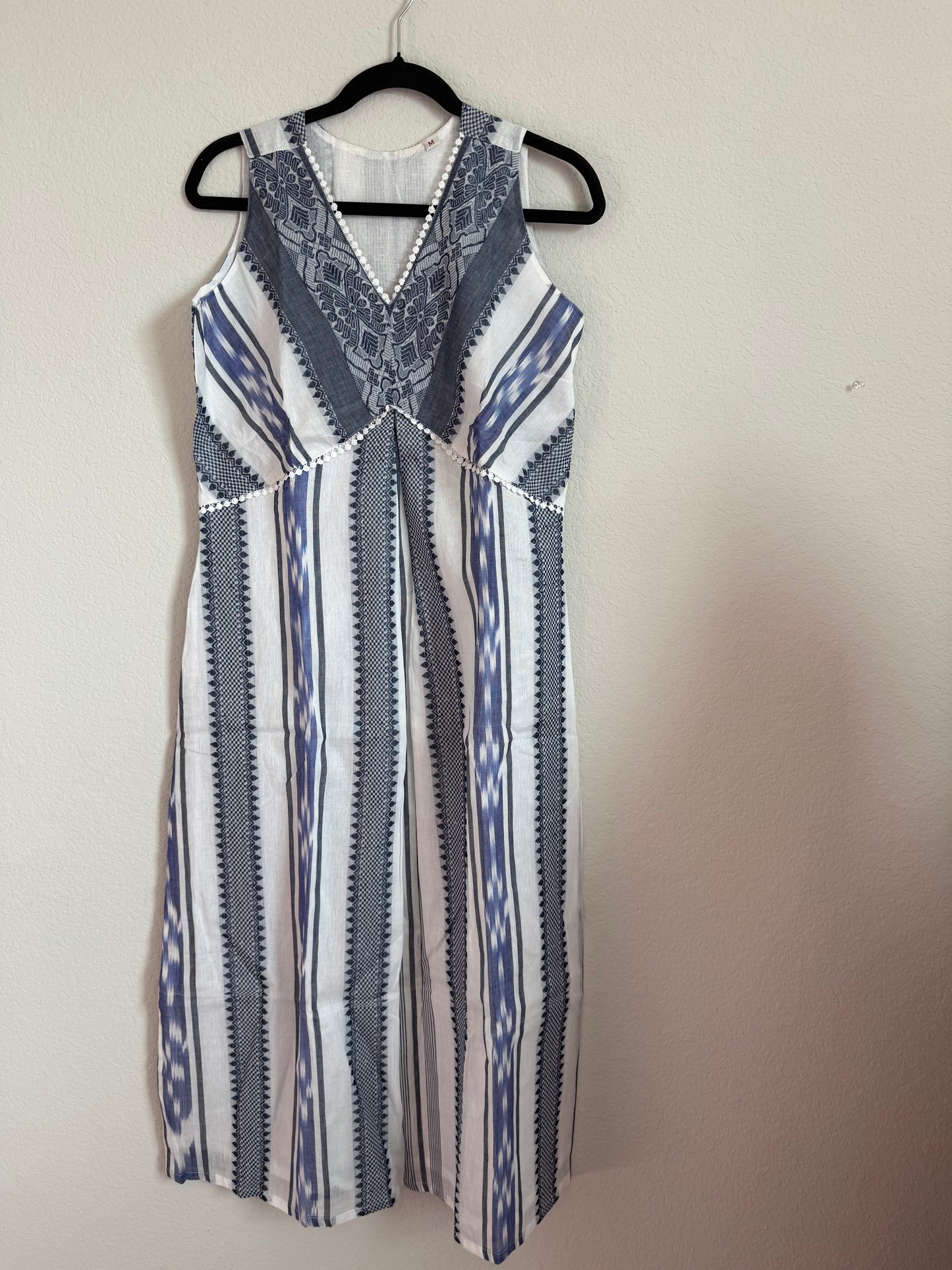 White and Blue Summer Cotton Ikkath Sleeveless Dress - Sleeves available inside