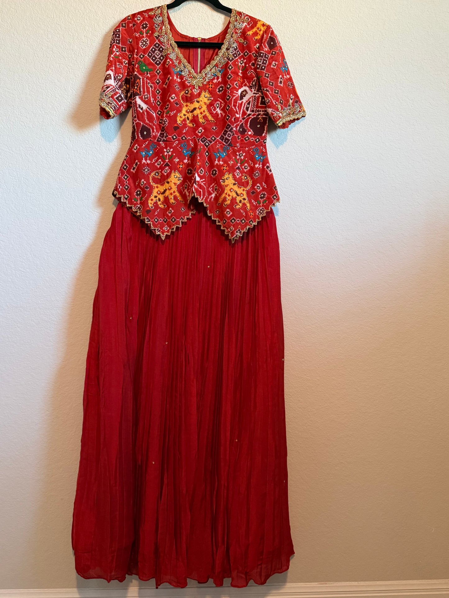 Rust Orange Pure Patola Diamond Cut Pattern Peplum Top with Skirt Set