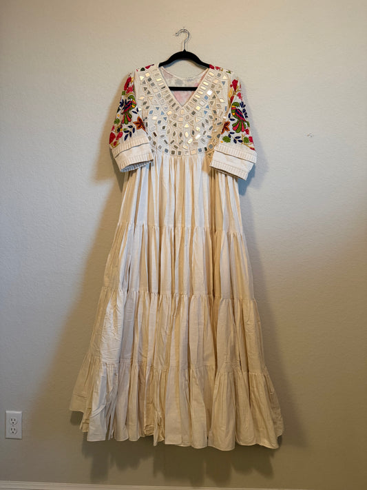 Half White Handwork Mirror Work Heavy Flared Anarkali Long Dress