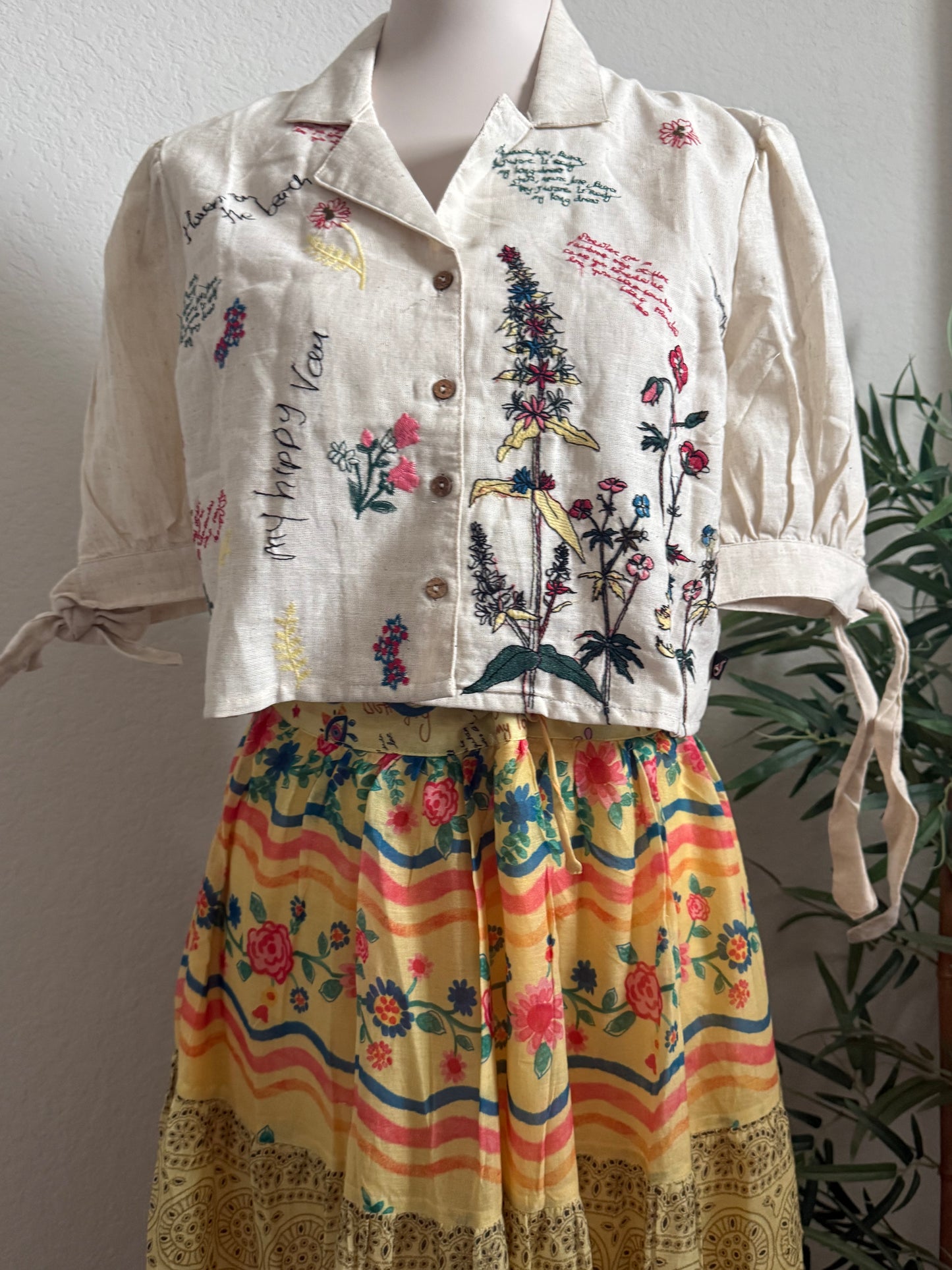 Yellow cotton skirt with white crop top