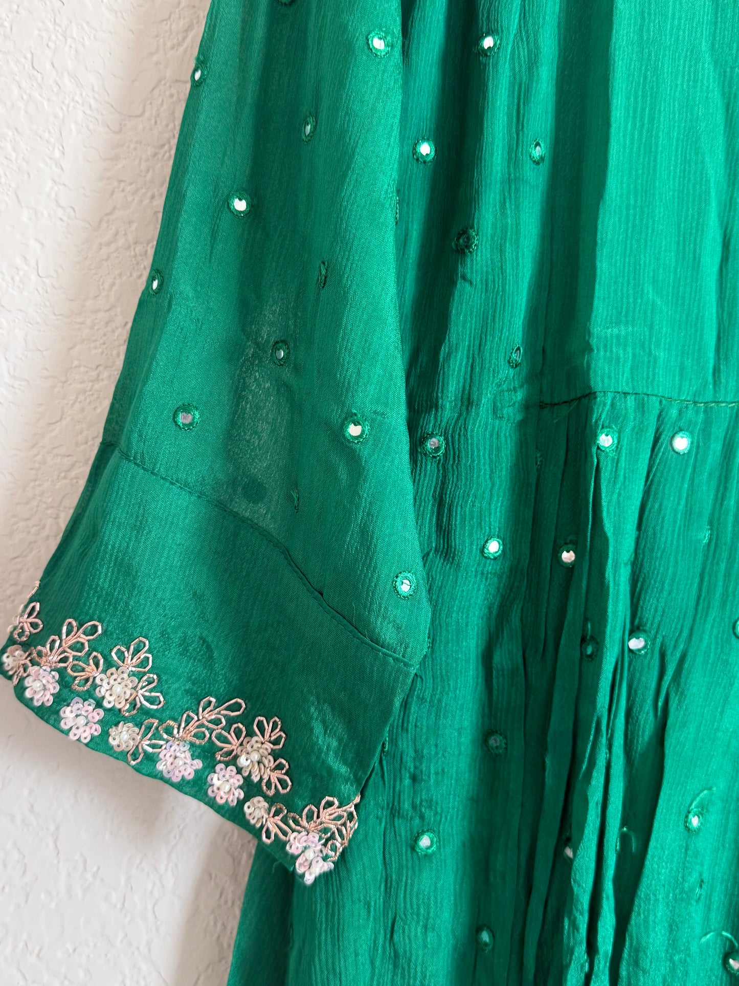 Green chinnon mirror maggam work tunic