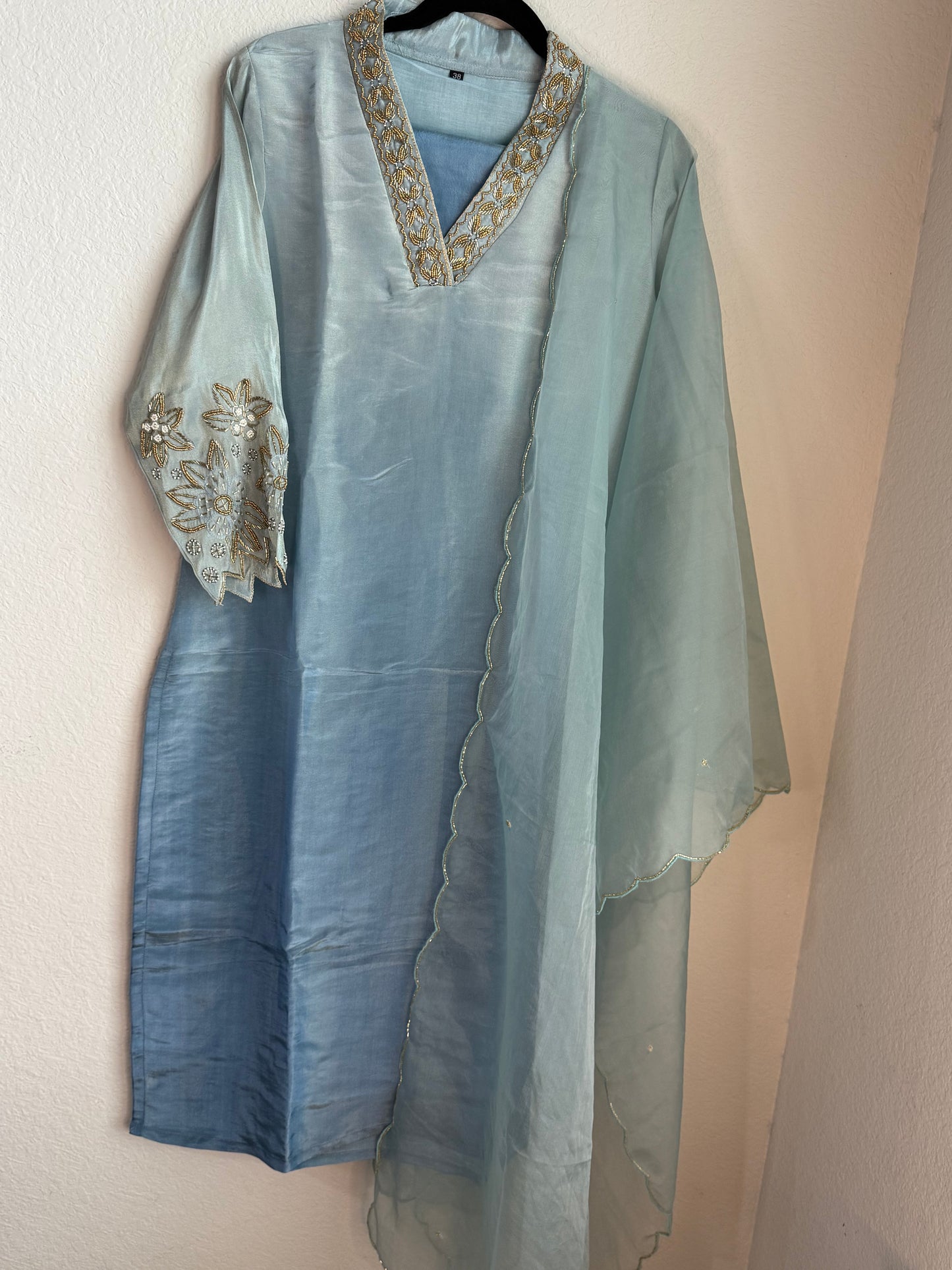 Sea blue pure tissue handwork A-line suit set with a beatiful sleeve detailing