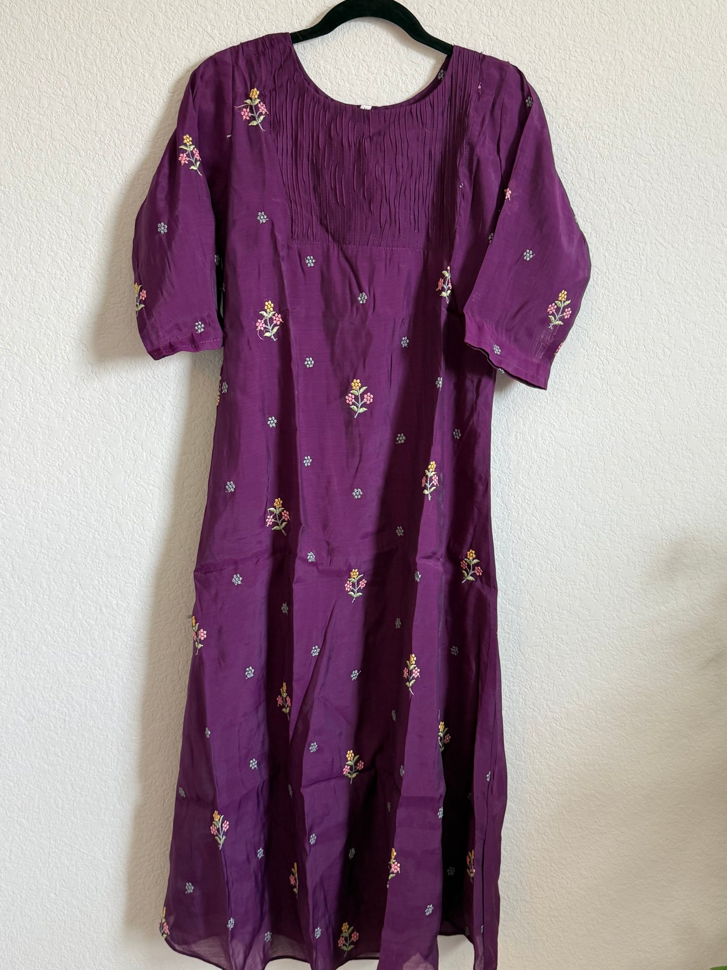 Wine Floral Embroidered Mul Chanderi A-line Kurti