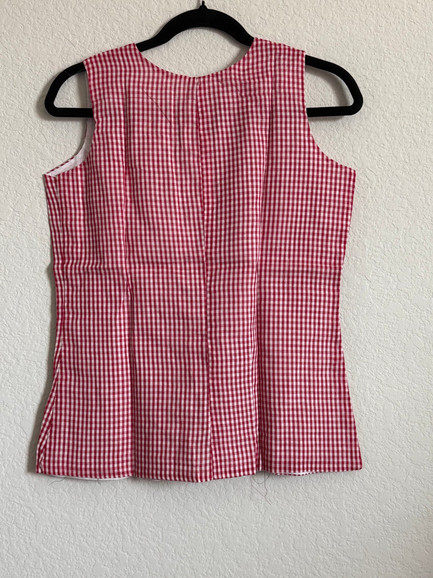 Red Cotton Checks Sleeveless Short Top